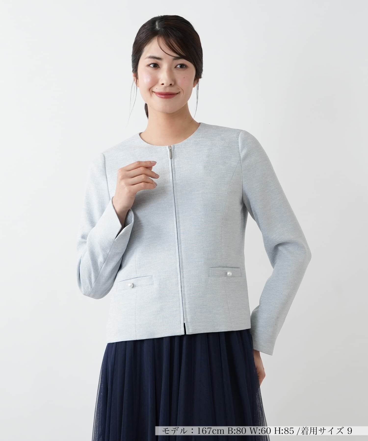 Leilian 【店舗人気】ノーカラージャケット レリアン ジャケット・アウター テーラードジャケット・ブレザー ブルー ブラウン