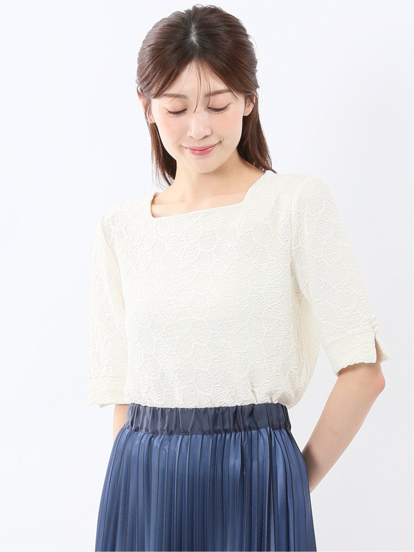 乐天商城 - m.f.editorial シャーリング スクエアネック 半袖 プルオーバー タカキュー トップス カットソー・Tシャツ ホワイト【送料無料】