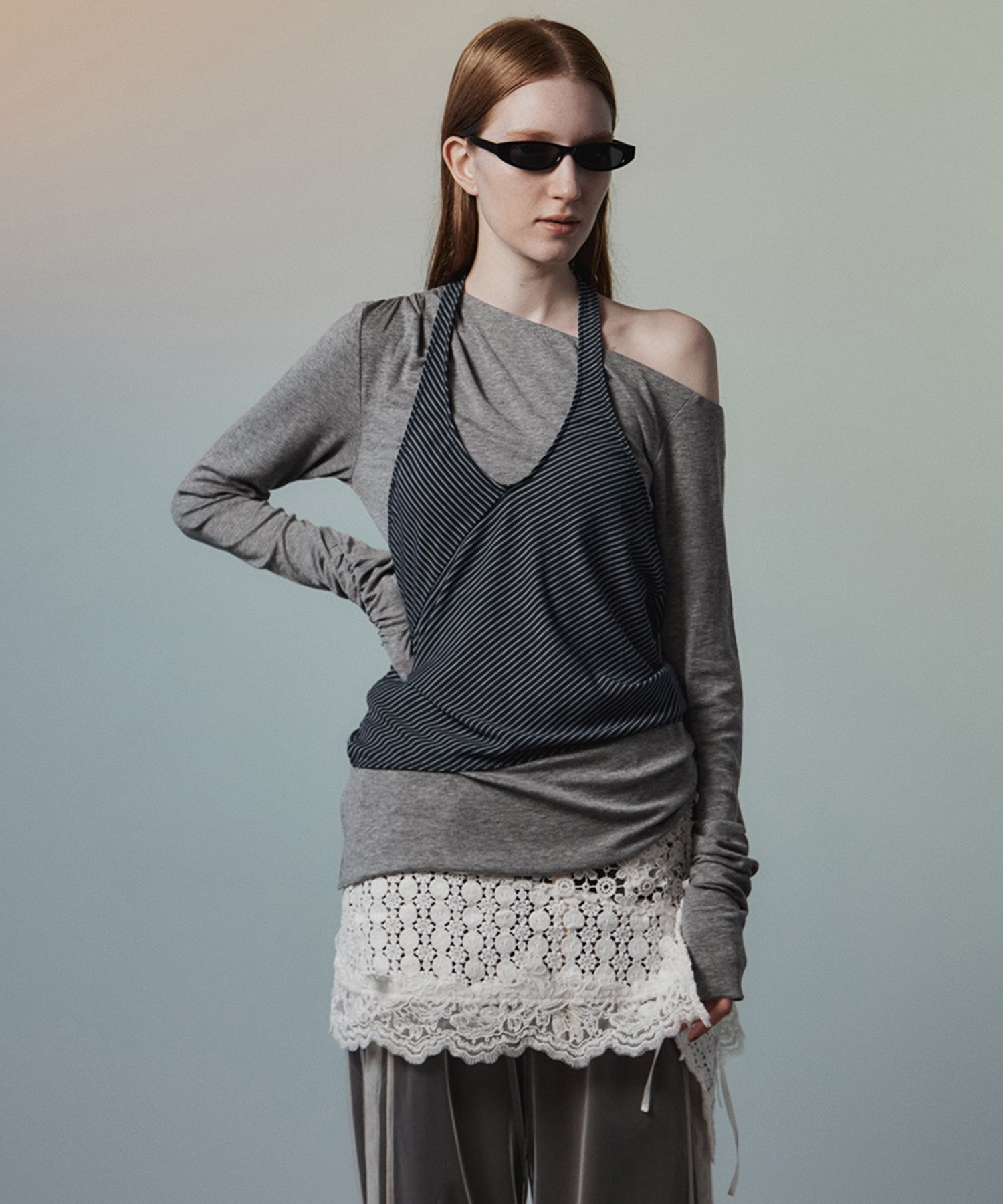 MAISON SPECIAL Border Halter Layered Off-Shoulder Top メゾンスペシャル トップス カットソー・Tシャツ グレー ホワイト ブラック