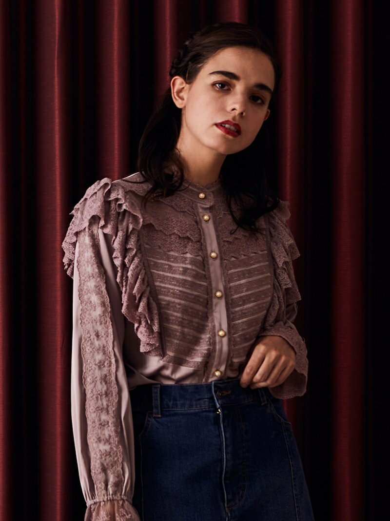 【SALE／58%OFF】axes femme (W)サテンレース切替ブラウス アクシーズファム トップス シャツ・ブラウス ピンク ベージュ ブラックのサムネイル