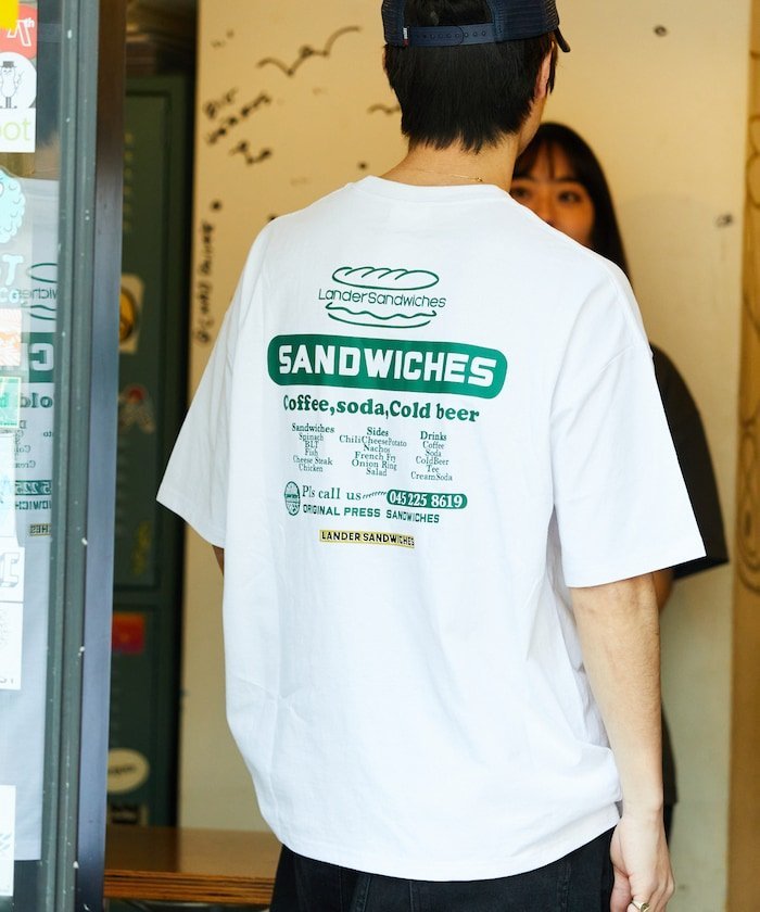 FREAK'S STORE LANDER SANDWICHES×FREAK'S STORE ランダー 別注 ビッグシルエット バックプリント クルーネックTシャツ  フリークスストア トップス カットソー・Tシャツ ホワイト グレー グリーン