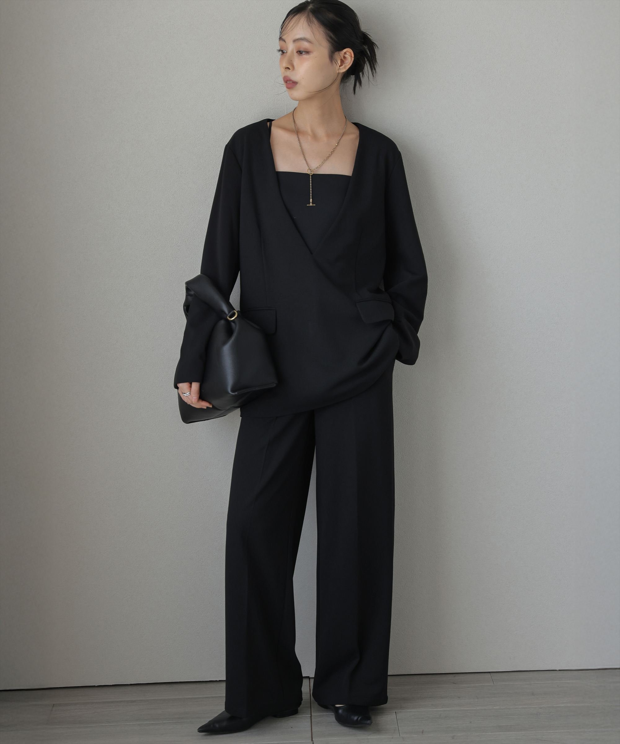 Lajour 日本製 Vネックトップス+ワイドパンツ セットアップ ラジュール スーツ・フォーマル セットアップスーツ ブラック ブラウン【送料無料】