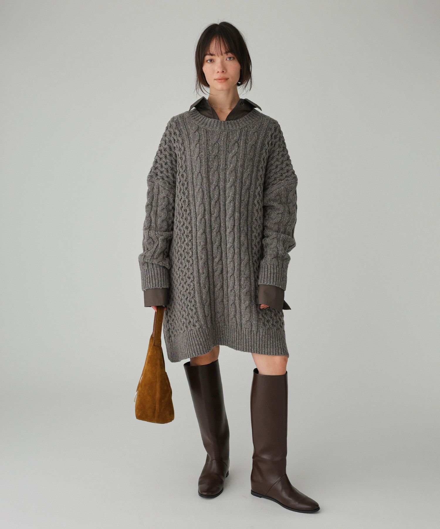 BABYLONE ネオケーブルミニワンピース バビロン トップス ニット グレー ホワイト【送料無料】