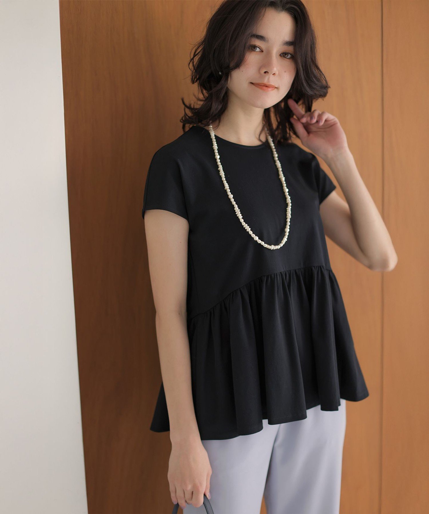 組曲 L 【WEB限定】トリコットジャージー ペプラムカットソー クミキョク トップス カットソー・Tシャツ ネイビー ホワイト ピンク