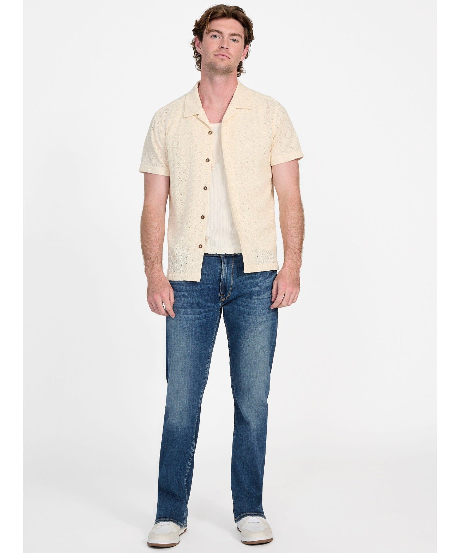 GUESS 半袖シャツ (M)Crochet Resort Shirt ゲス トップス シャツ・ブラウス ベージュ