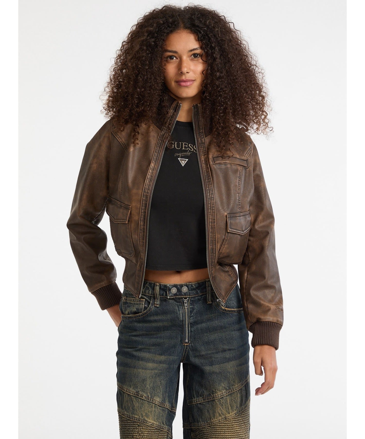 【SALE／20%OFF】GUESS Originals GUESS Originals ジャケット (W)Pu Leather Bomber ゲス ジャケット・アウター ライダースジャケット ブラウン【送料無料】