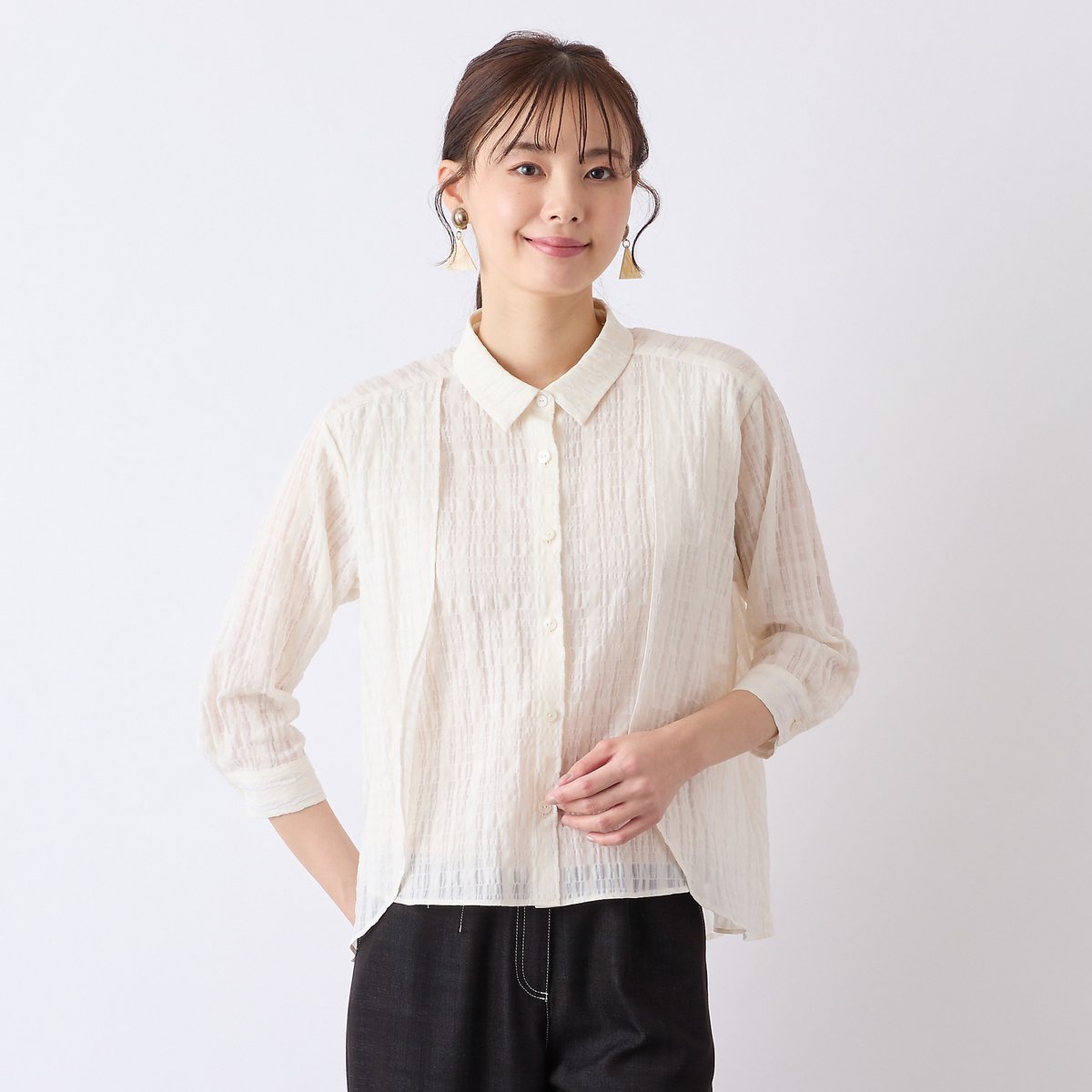 Liliane Burty Eclat 【S・Mサイズ】ウォッシャブルシースルーチェックブラウス リリアンビューティ エクラ トップス シャツ・ブラウス ホワイト ネイビー