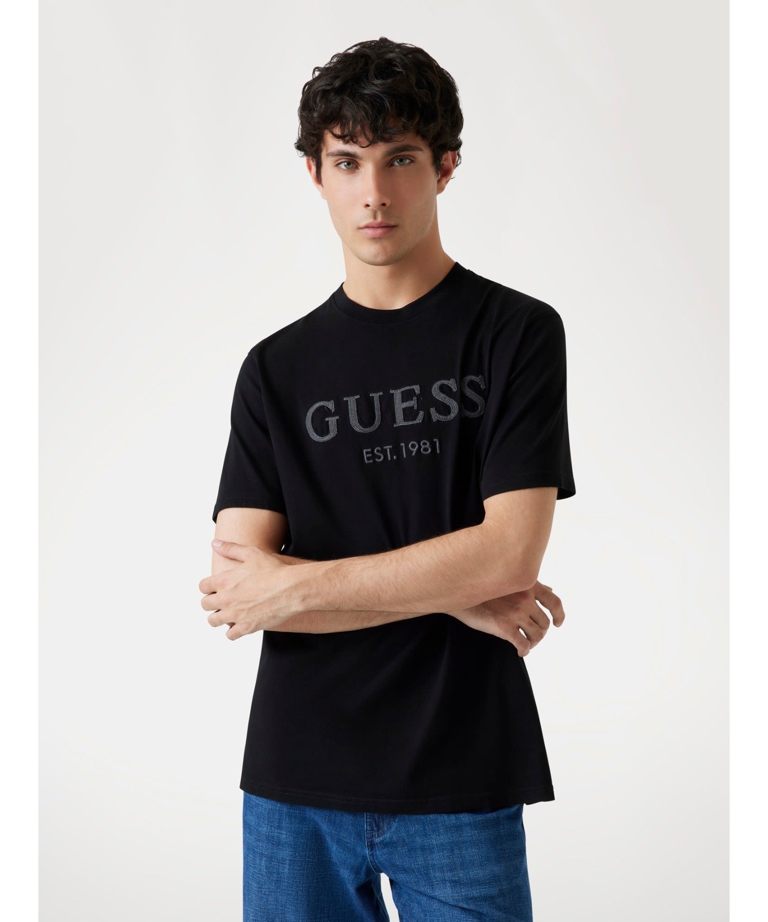 GUESS ロゴTシャツ (M)SS Cn Guess Box Logo Tee ゲス トップス カットソー・Tシャツ ブラック ベージュ