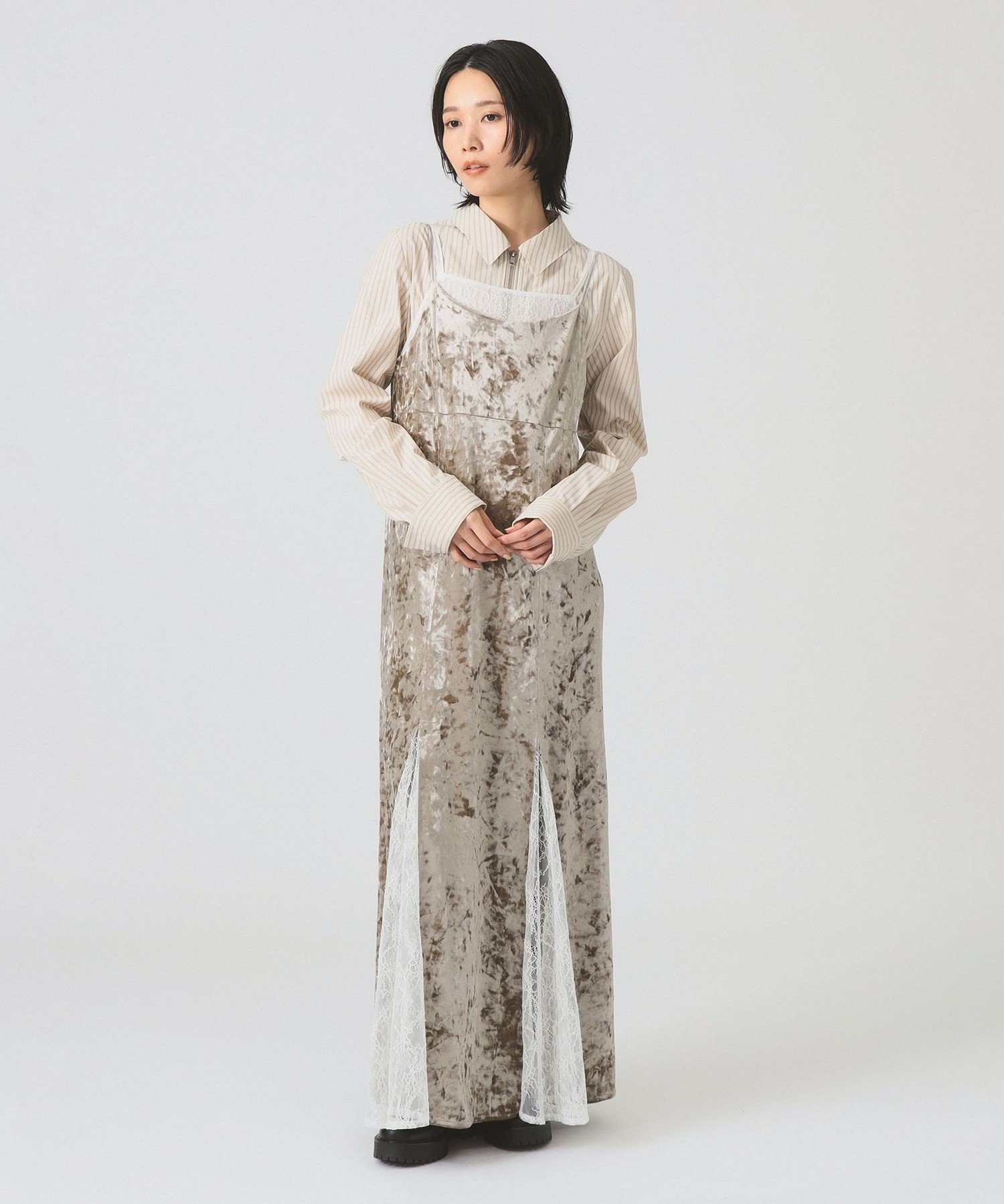 Ray BEAMS ベロア レース レイヤー ワンピース ビームス ウイメン ワンピース・ドレス ワンピース ブラック ベージュ【送料無料】