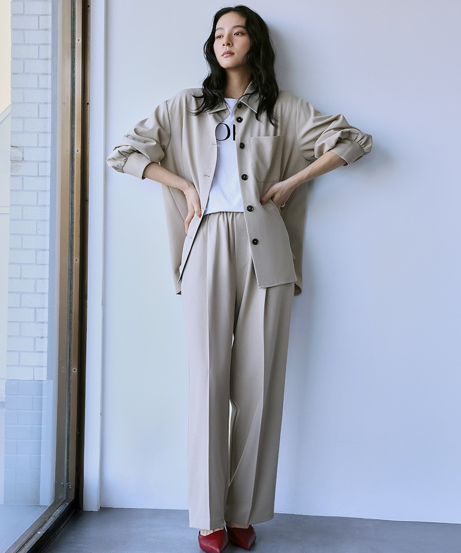 【SALE／12%OFF】ELFRANK セットアップ オーバーサイズ シャツジャケット ワイドパンツ リバーフィールド アンド コー トップス シャツ・ブラウス カーキグリーン【送料無料】
