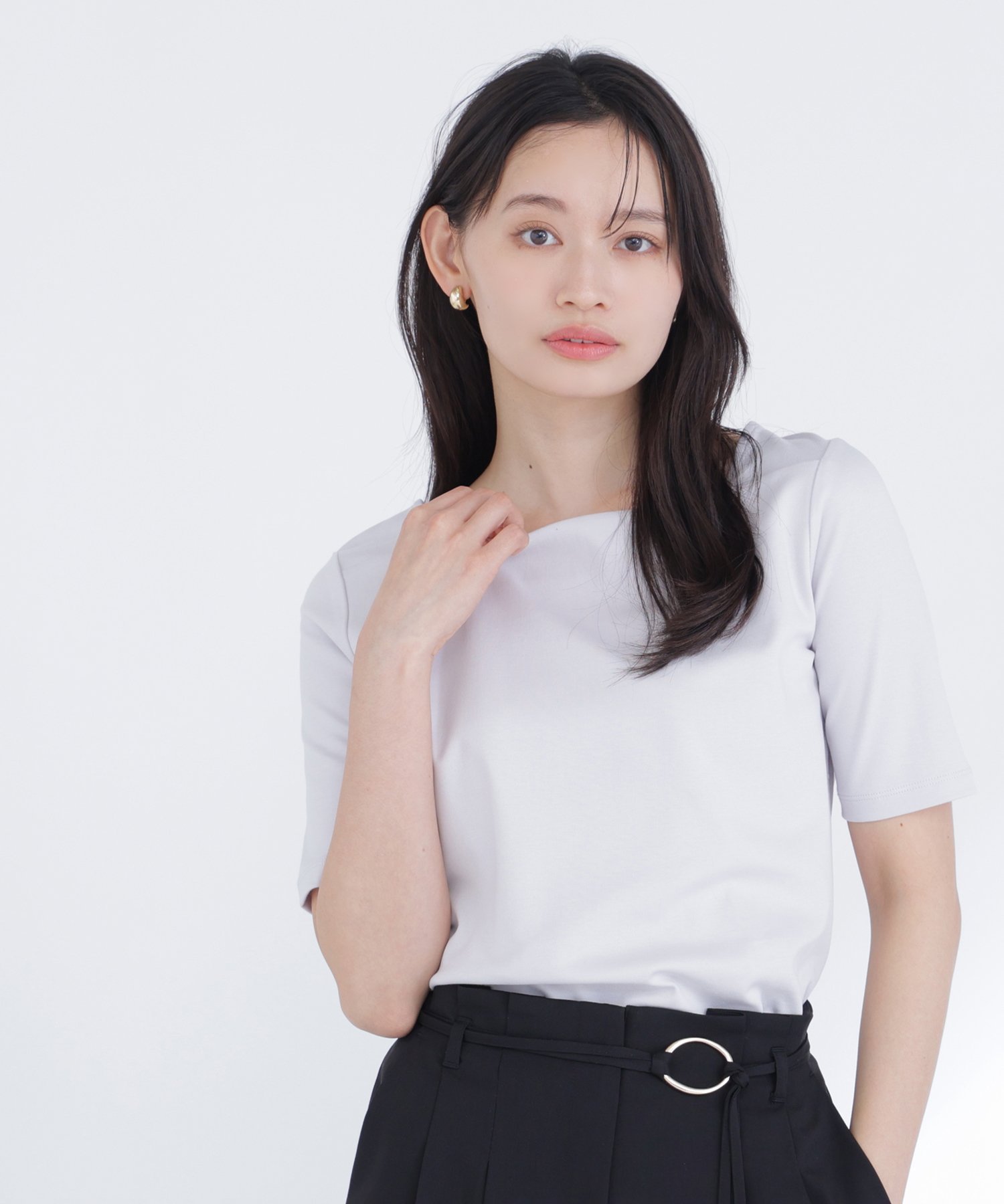 NATURAL BEAUTY BASIC ベーシックTシャツ スクエアネック ナチュラルビューティベーシック トップス カットソー・Tシャツ パープル ブラック ホワイト