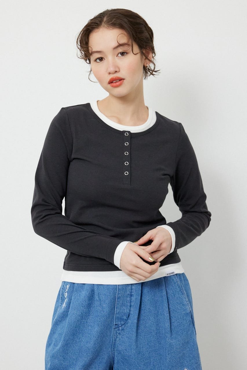 RODEO CROWNS WIDE BOWL フェイクレイヤードヘンリーネックトップス ロデオクラウンズワイドボウル トップス カットソー・Tシャツ グレー ブラック ネイビー