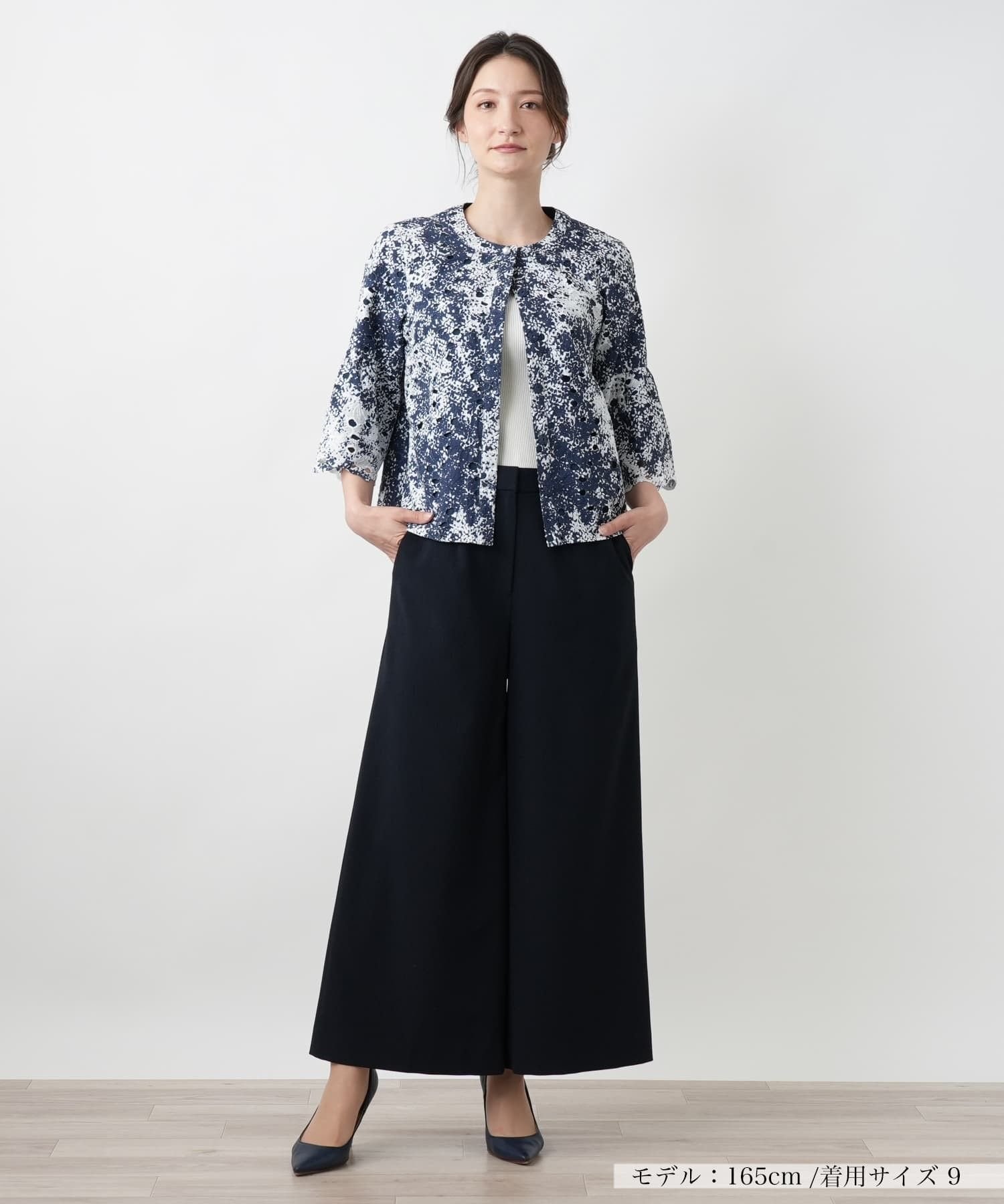 Leilian 【店舗人気】フレアスリーブレースブラウス レリアン トップス シャツ・ブラウス ネイビー
