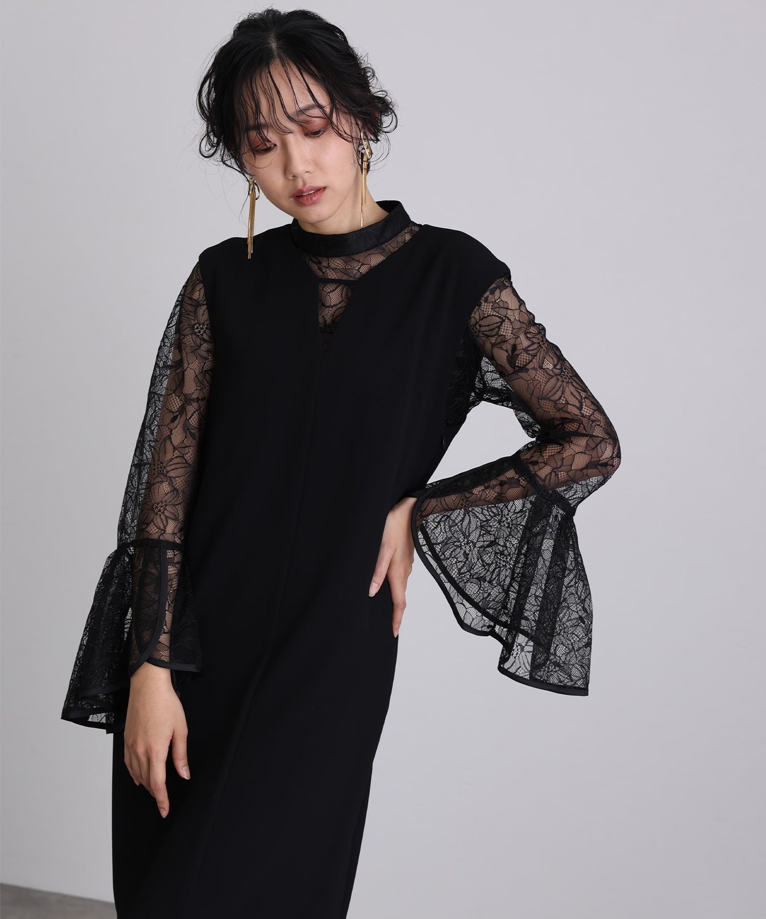 PourVous ベルスリーブスリットドレス結婚式パーティードレスお呼ばれオケージョンドレス同窓会 プールヴー ワンピース・ドレス ドレス グリーン ブラウン ブラック ベージュ【送料無料】