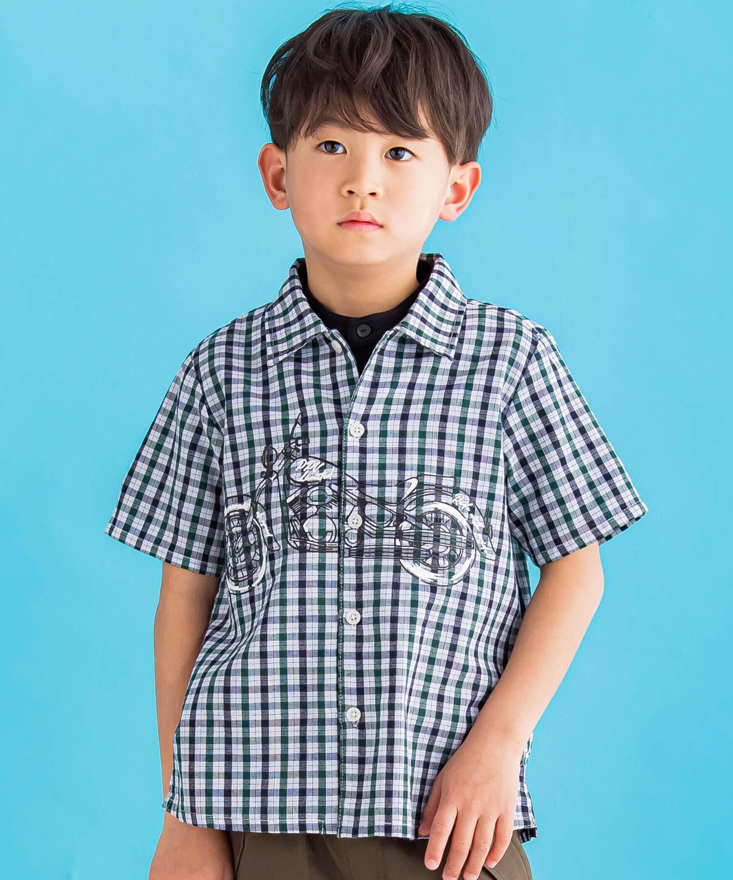 【SALE／5%OFF】BeBe Petits Pois Vert バイクプリントチェックシャツ 95~150cm ベベ オンライン ストア トップス カットソー・Tシャツ グリーン ブルー【送料無料】