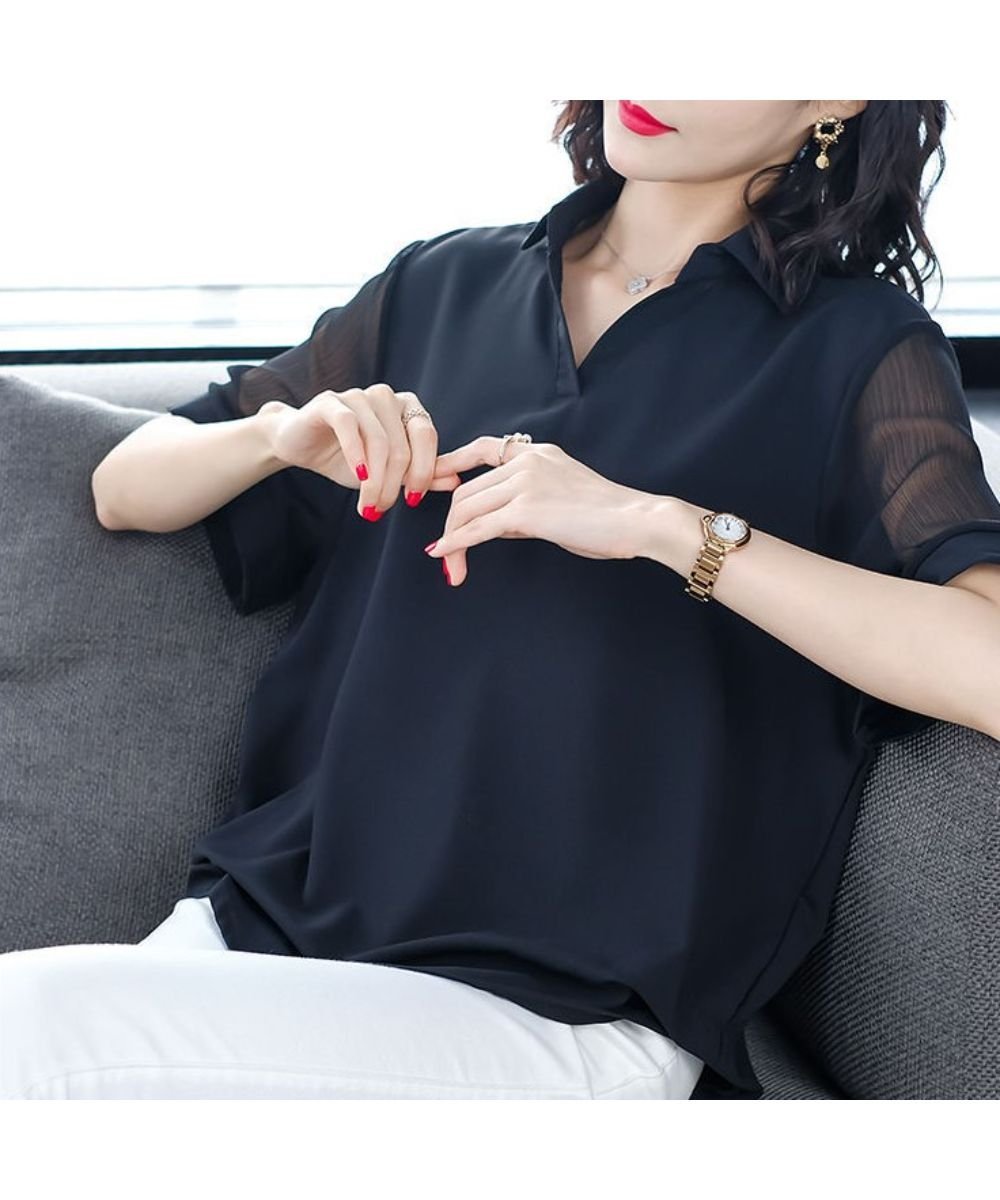 maison de LATIR シアースリーブシフォン半袖夏服シャツブラウス.ビジネスにも使える メゾンドラティール トップス ニット ブラック