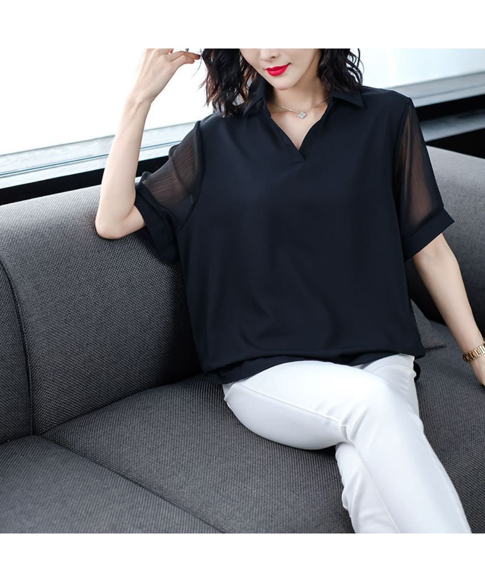 maison de LATIR シアースリーブシフォン半袖夏服シャツブラウス.ビジネスにも使える メゾンドラティール トップス ニット ブラック