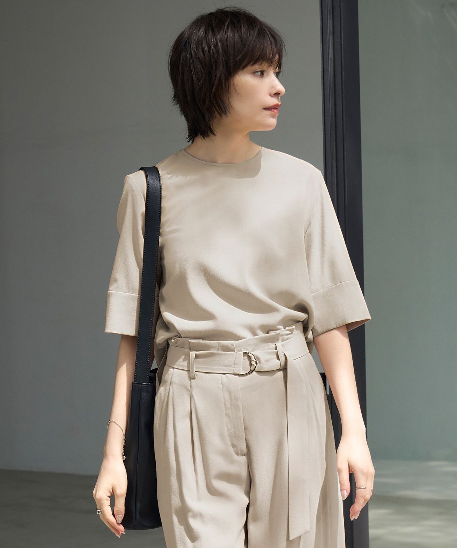 ICB 【接触冷感・UVカット・洗える】 T/Rドライリネン Tブラウス アイシービー トップス シャツ・ブラウス ブラック ベージュ