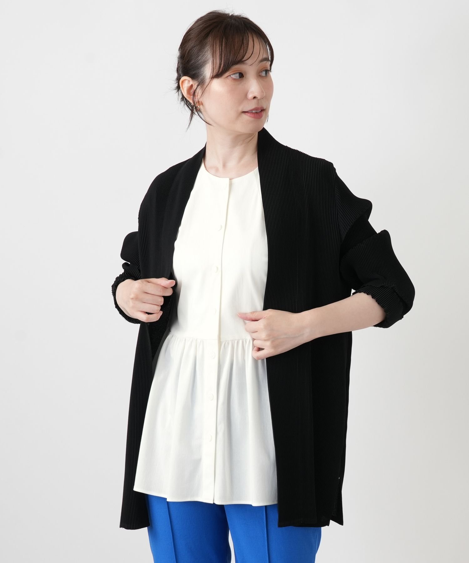 Leilian プリーツノーカラーブラウス【Leilian WHITE LABEL】 レリアン トップス シャツ・ブラウス ブラック