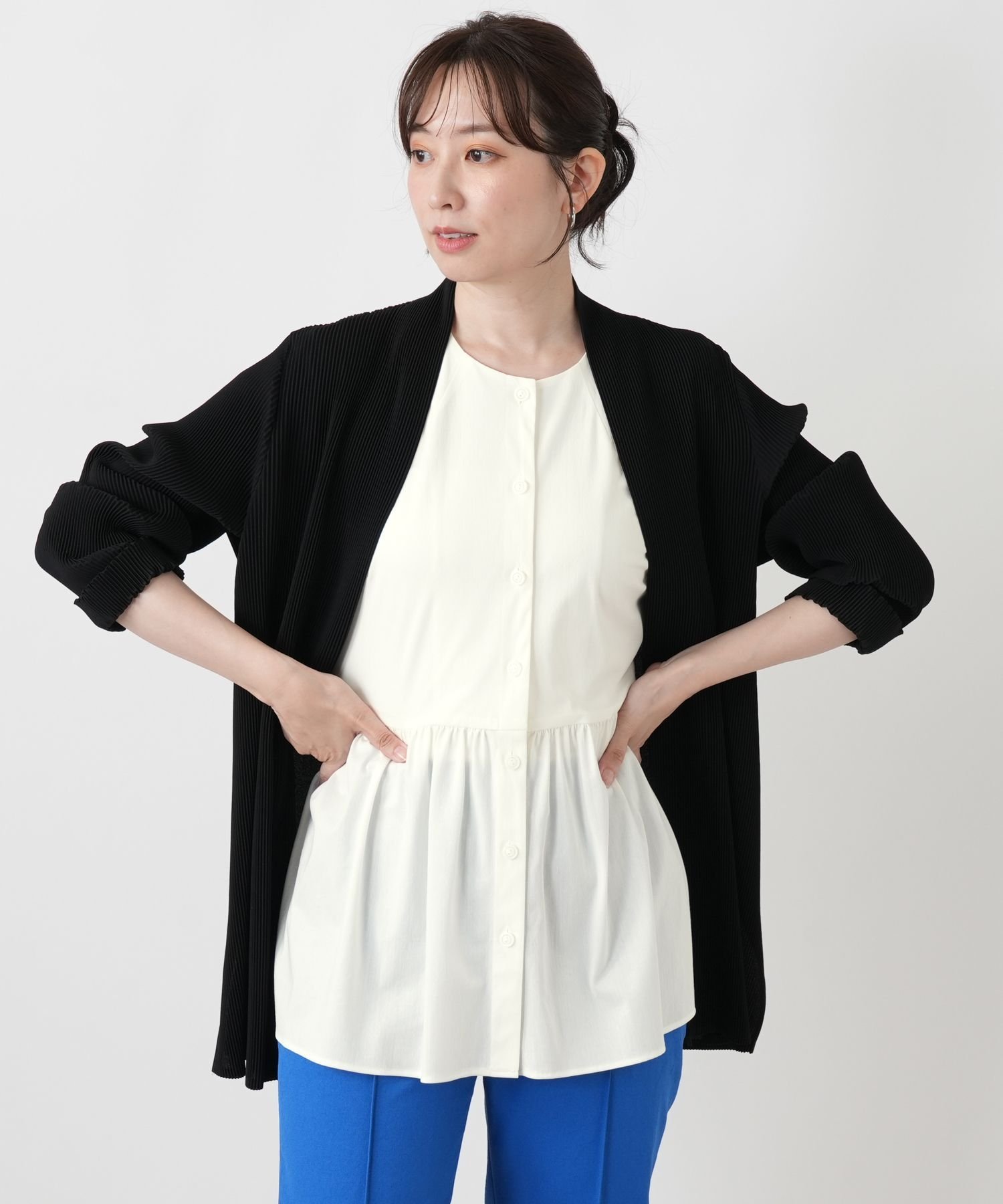 Leilian プリーツノーカラーブラウス【Leilian WHITE LABEL】 レリアン トップス シャツ・ブラウス ブラック