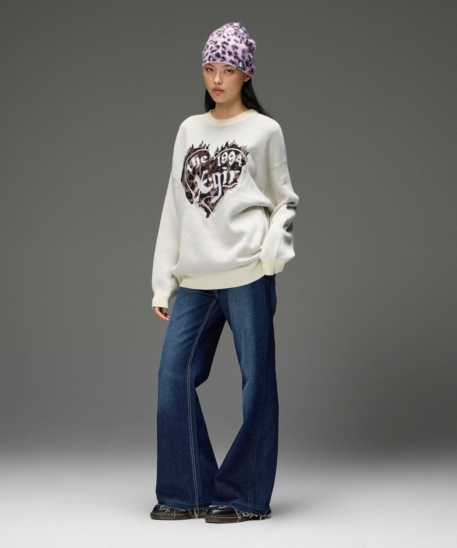 X-girl LEOPARD HEART LOGO JACQURD KNIT TOP エックスガール トップス ニット ブラック ホワイト