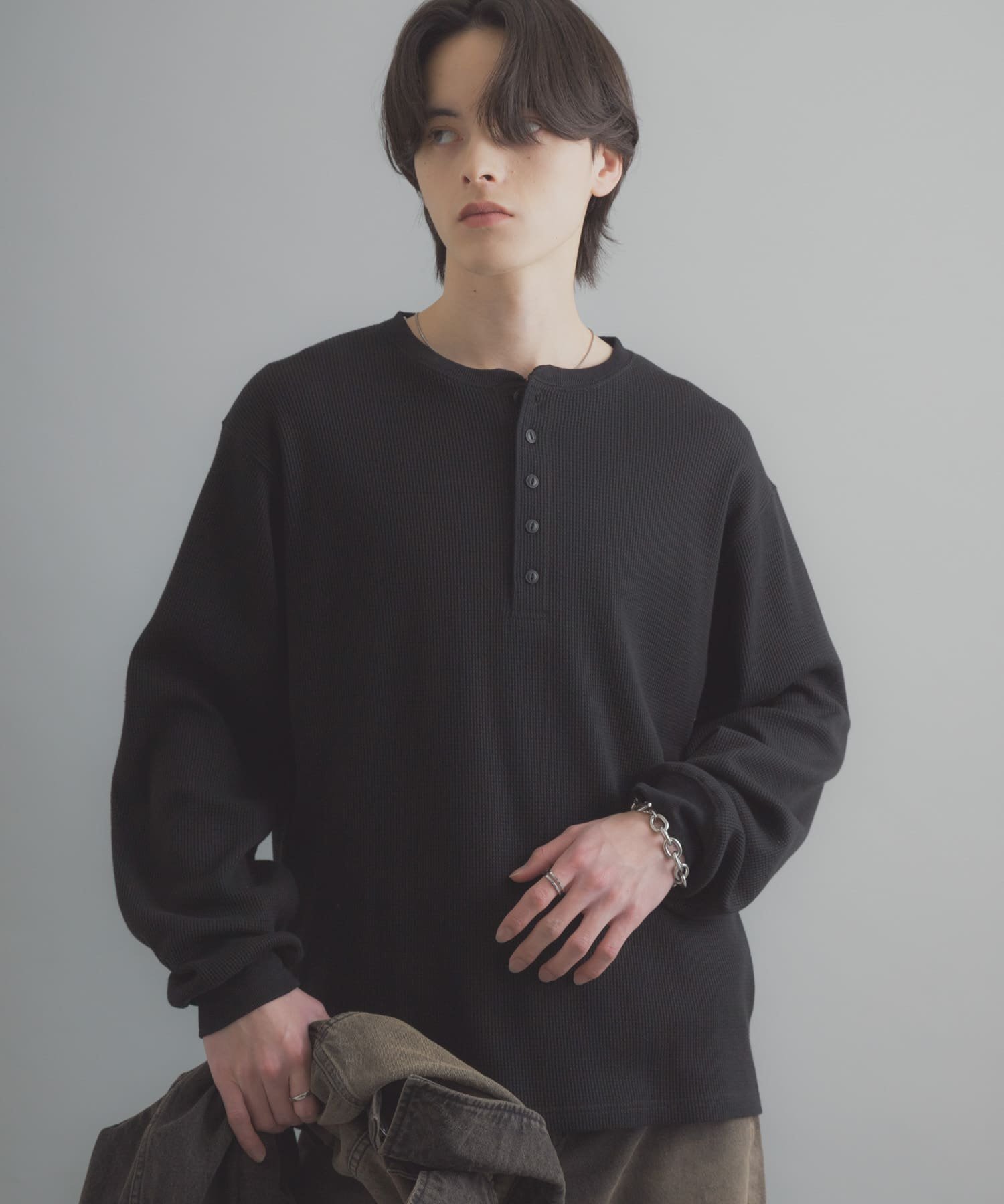 SENSE OF PLACE ワッフルヘンリーネックロングTシャツ センス オブ プレイス トップス カットソー・Tシャツ ブラック グレー グリーン