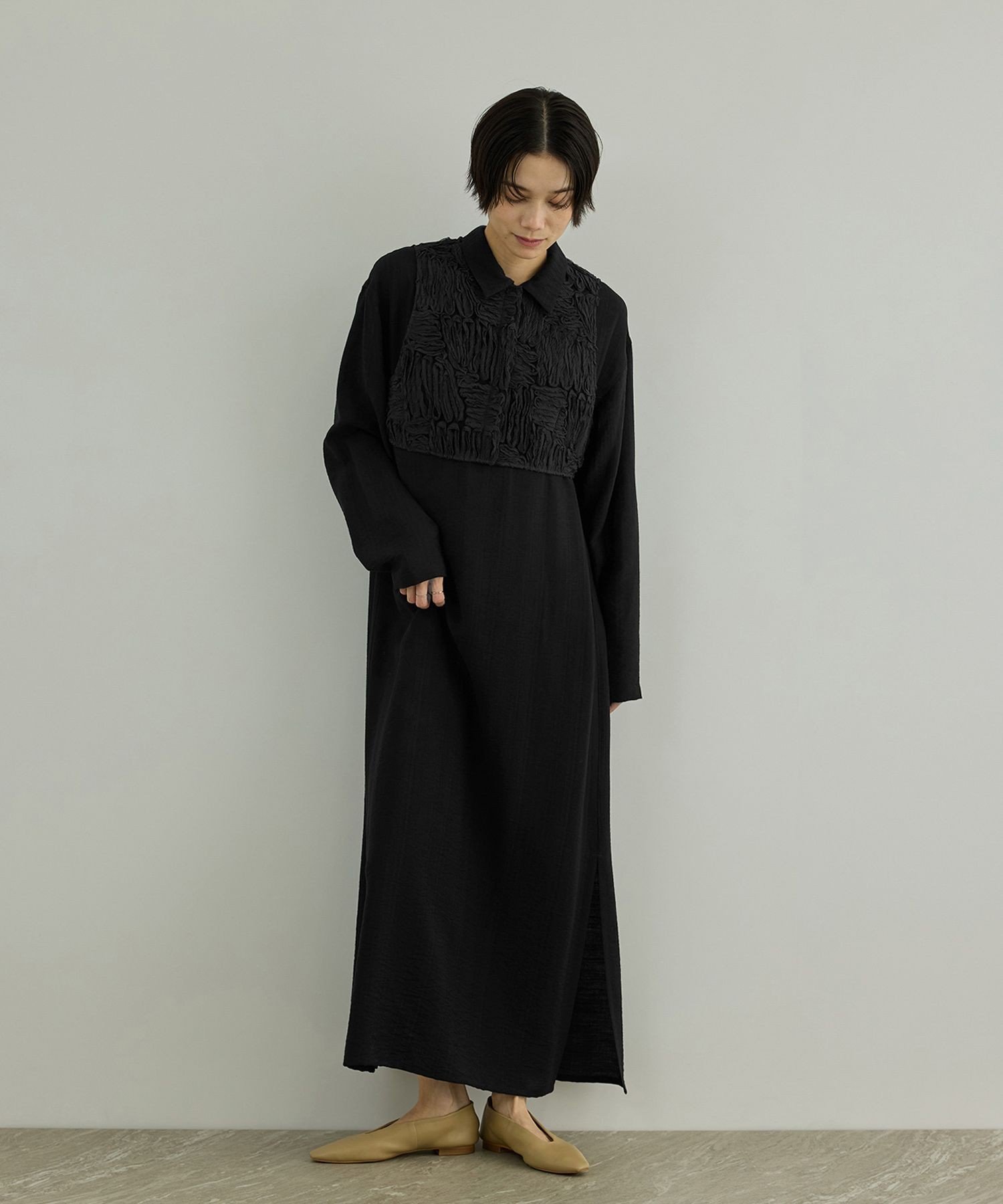 SALON adam et rope' Cut off embroidery ワンピース サロン アダム エ ロペ ワンピース・ドレス ワンピース ブラック ベージュ