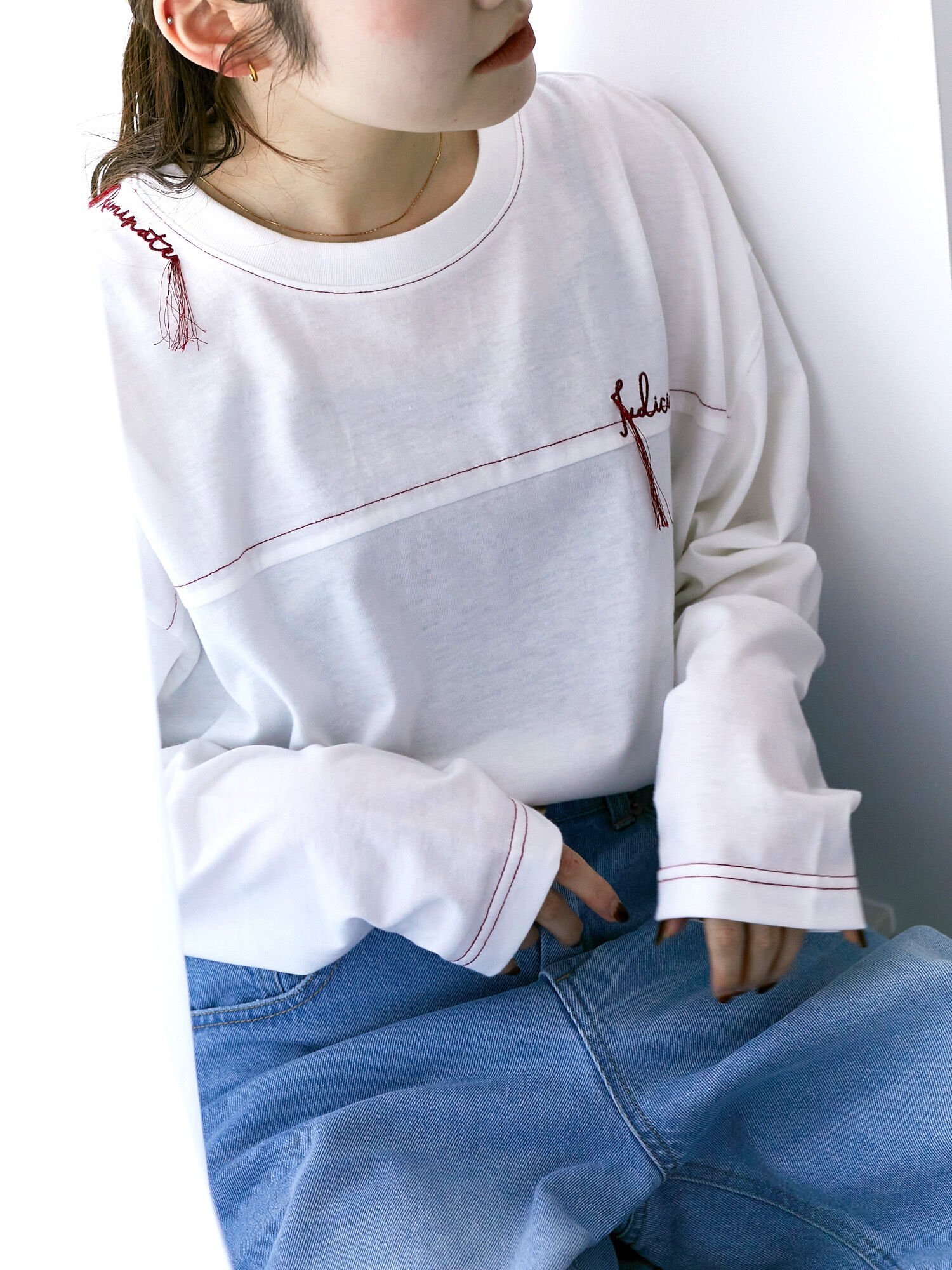 【SALE／48%OFF】ehka sopo ロゴ刺繍ロンT エヘカソポ トップス カットソー・Tシャツ ホワイト ベージュ ブルーのサムネイル