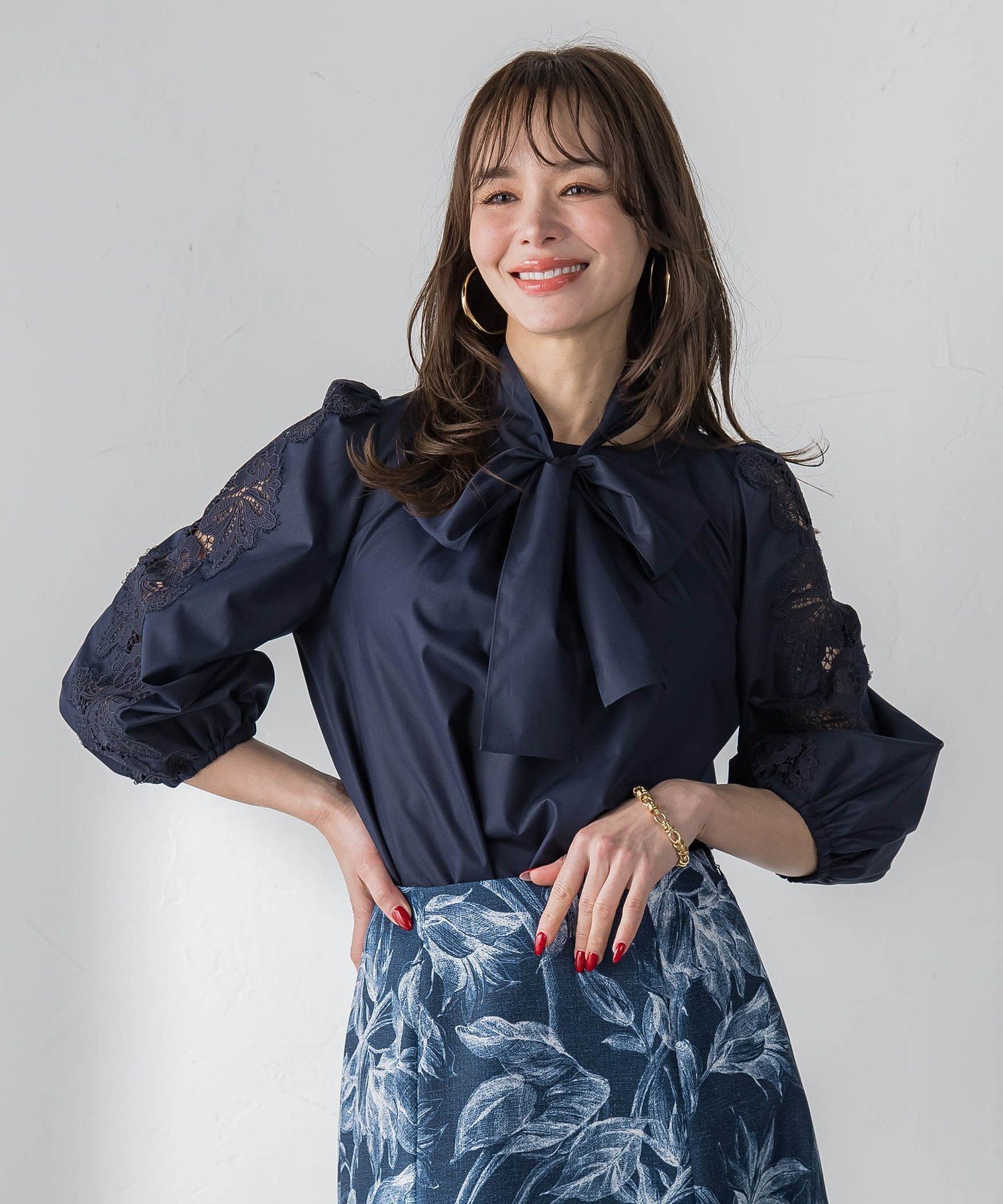 Viaggio Blu 袖レースブラウス ビアッジョブルー トップス シャツ・ブラウス ブルー グリーン ピンク ホワイト ネイビー