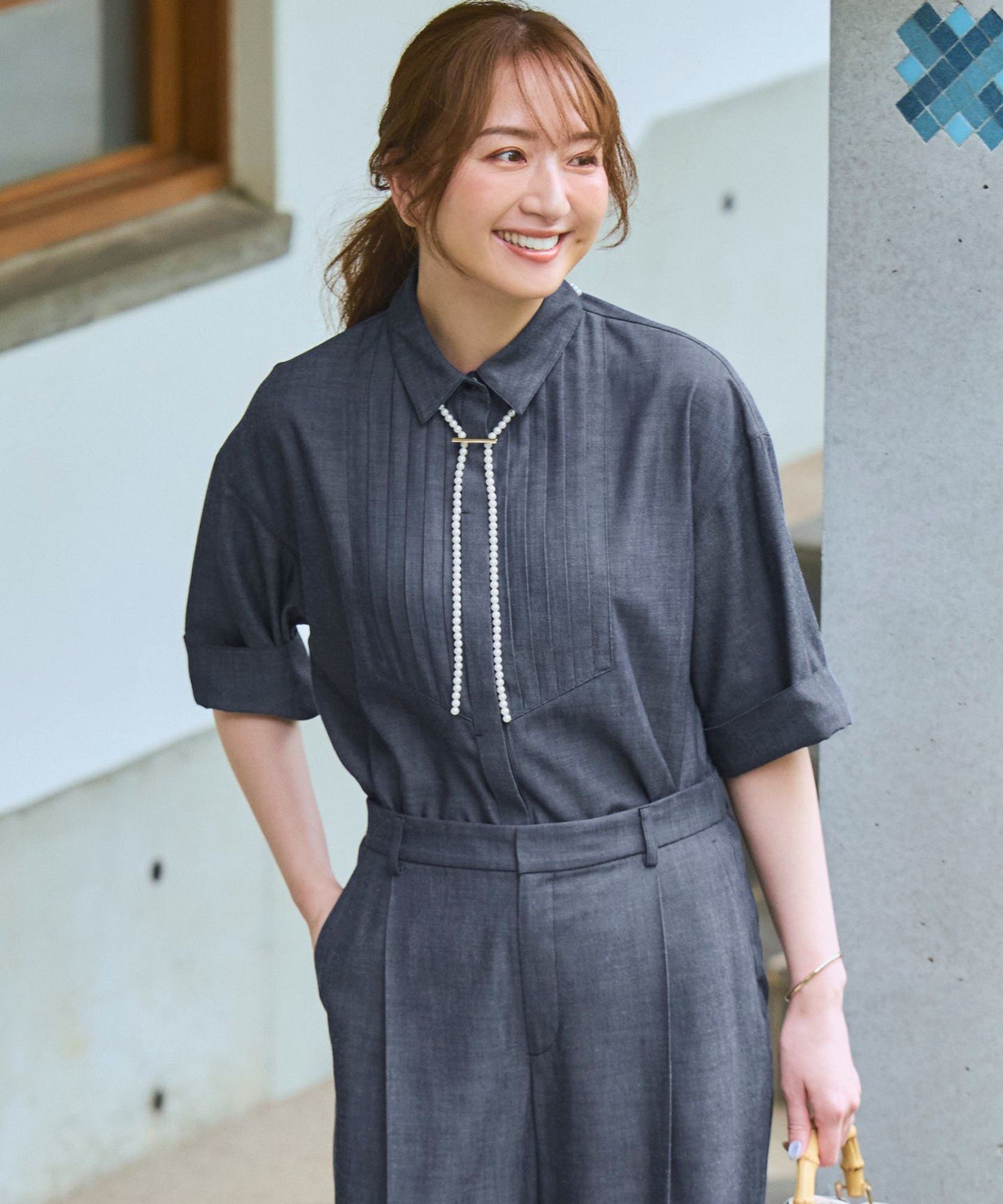 23区 S デニムライクキュプラミックス ブザムデザイン ブラウス ニジュウサンク トップス シャツ・ブラウス ネイビー