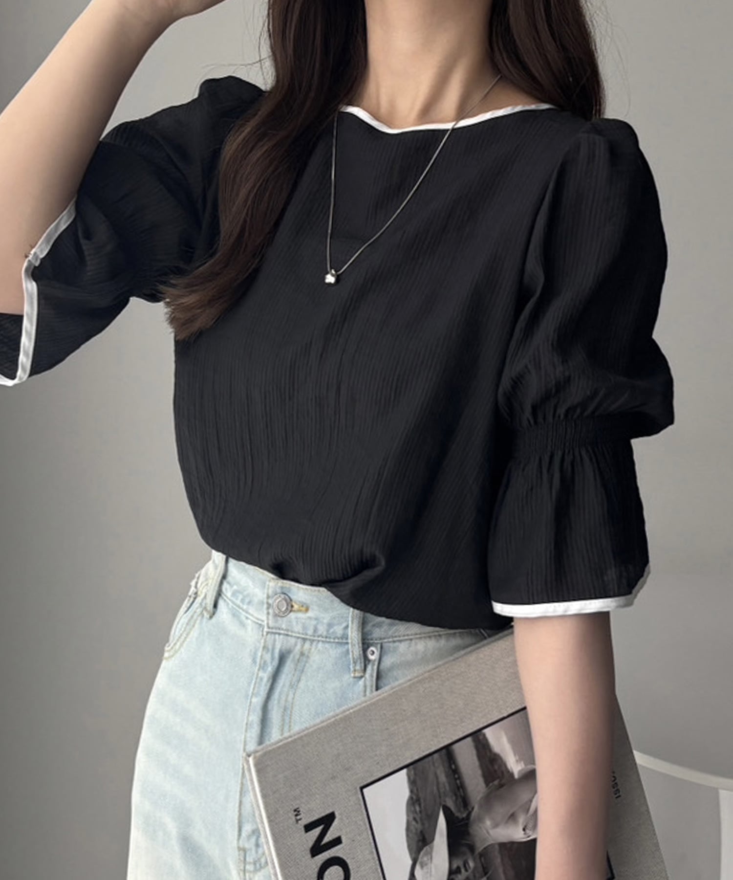 【SALE／50%OFF】GeeRA 前後2WAY配色パイピング5分袖ブラウス ジーラ トップス シャツ・ブラウス ホワイト ブラックのサムネイル