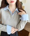 【SALE/25%OFF】moment+ シャツレイヤードライク襟付きポロニットプルオーバー モーメントプラス トップス ニット ホワイト グレー ネイビー