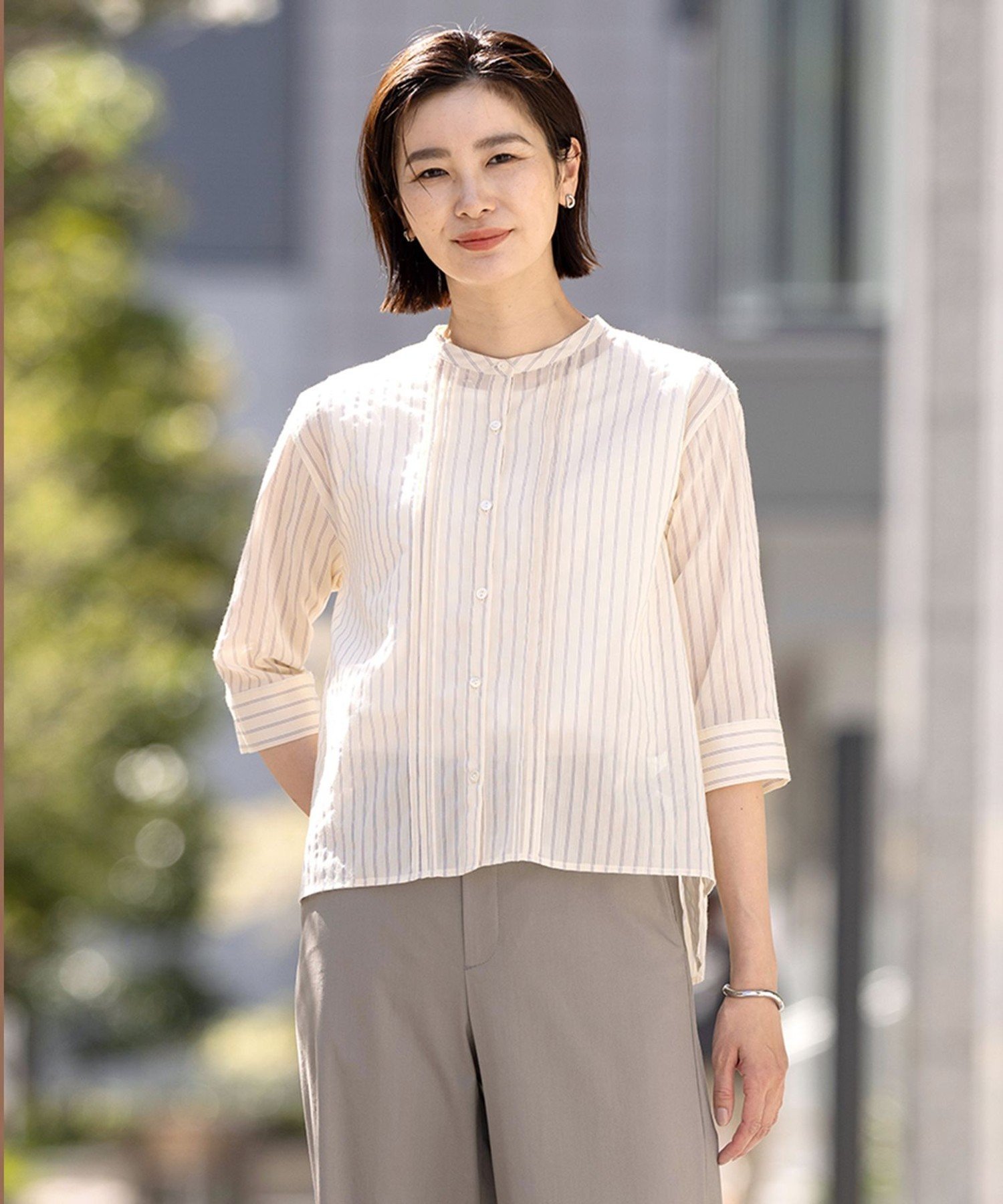 J.PRESS 【洗える】シアーピンストライプ ブラウスライク カットソー ジェイプレス トップス カットソー・Tシャツ ブルー ホワイト イエロー