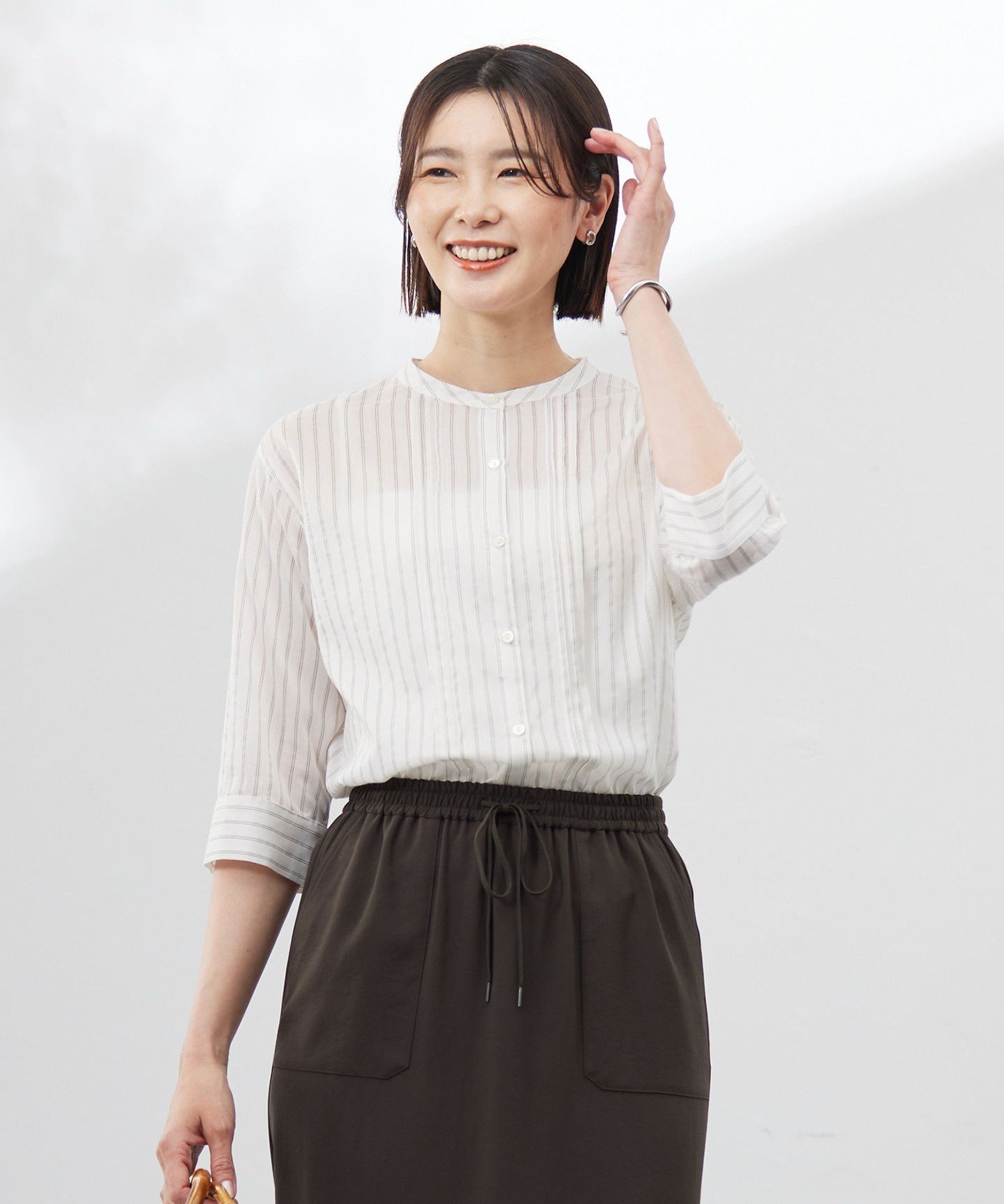 J.PRESS 【洗える】シアーピンストライプ ブラウスライク カットソー ジェイプレス トップス カットソー・Tシャツ ブルー ホワイト イエロー