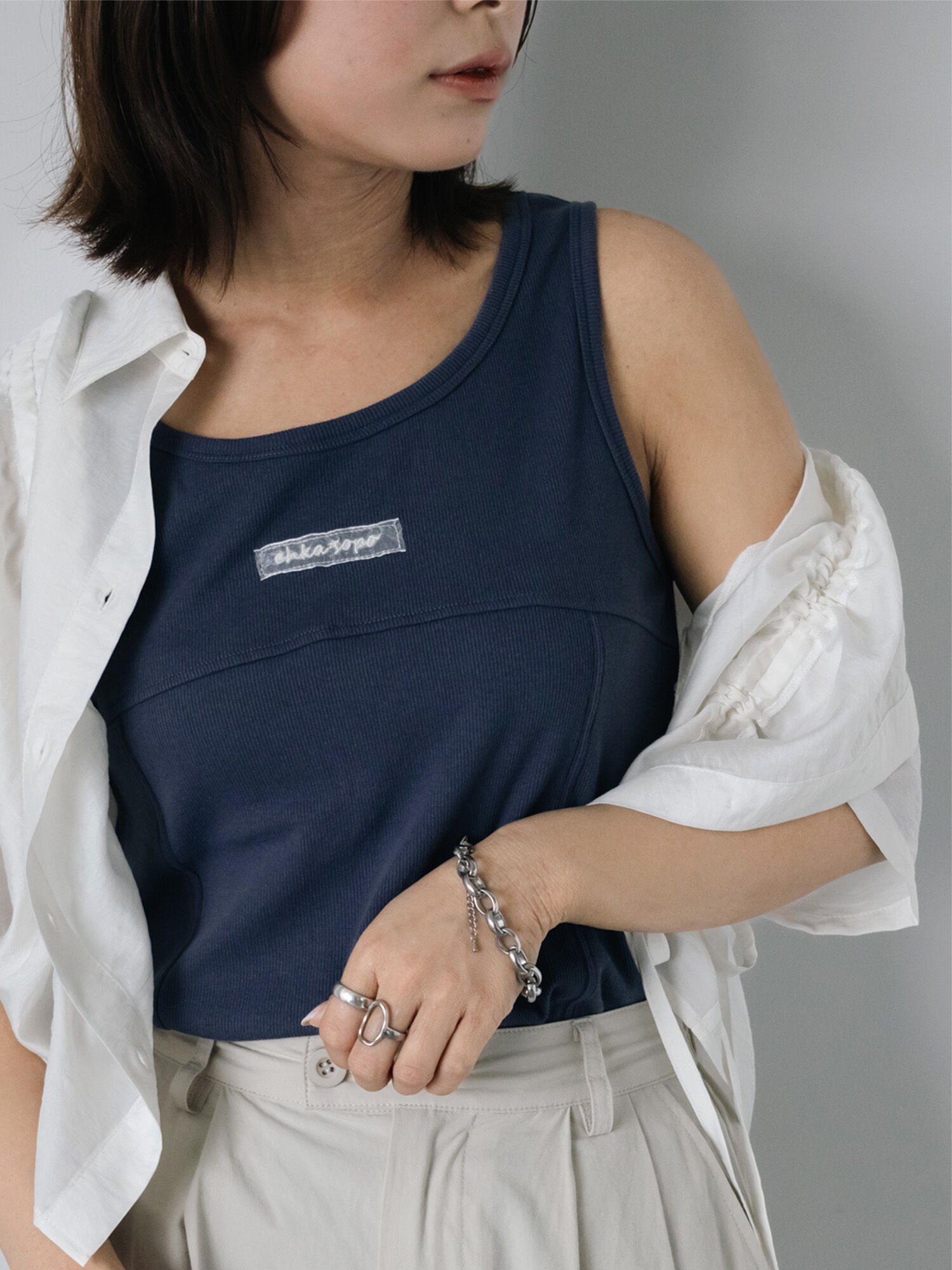 【SALE／60%OFF】ehka sopo 切り替えタンクトップ エヘカソポ トップス カットソー・Tシャツ ブルー グレー ブラック ホワイト