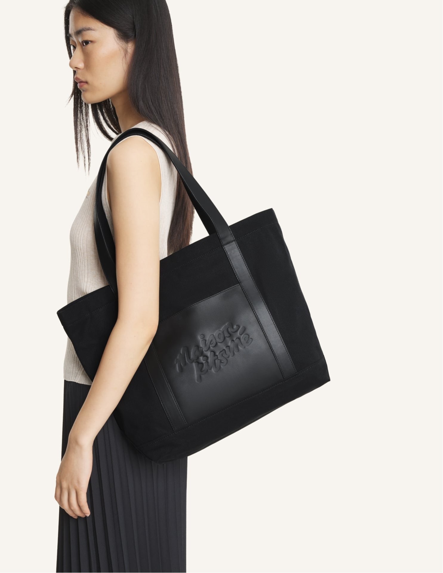 Maison Kitsune (U)CANVAS AND LEATHER LARGE TOTE メゾン キツネ バッグ トートバッグ ブラック【送料無料】