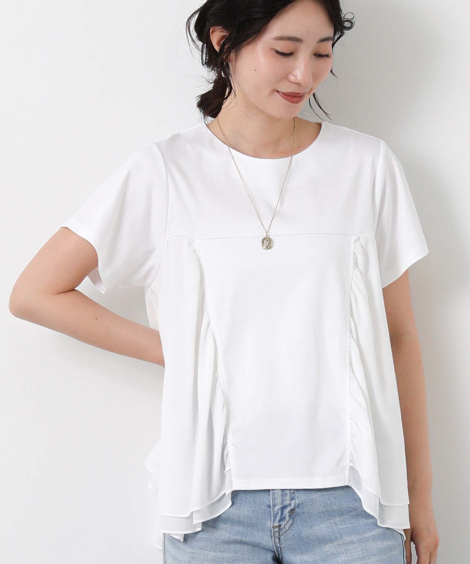 Gready Brilliant/(W)2_異素材wティアードクルー グレディブリリアン トップス カットソー・Tシャツ ホワイト グレー