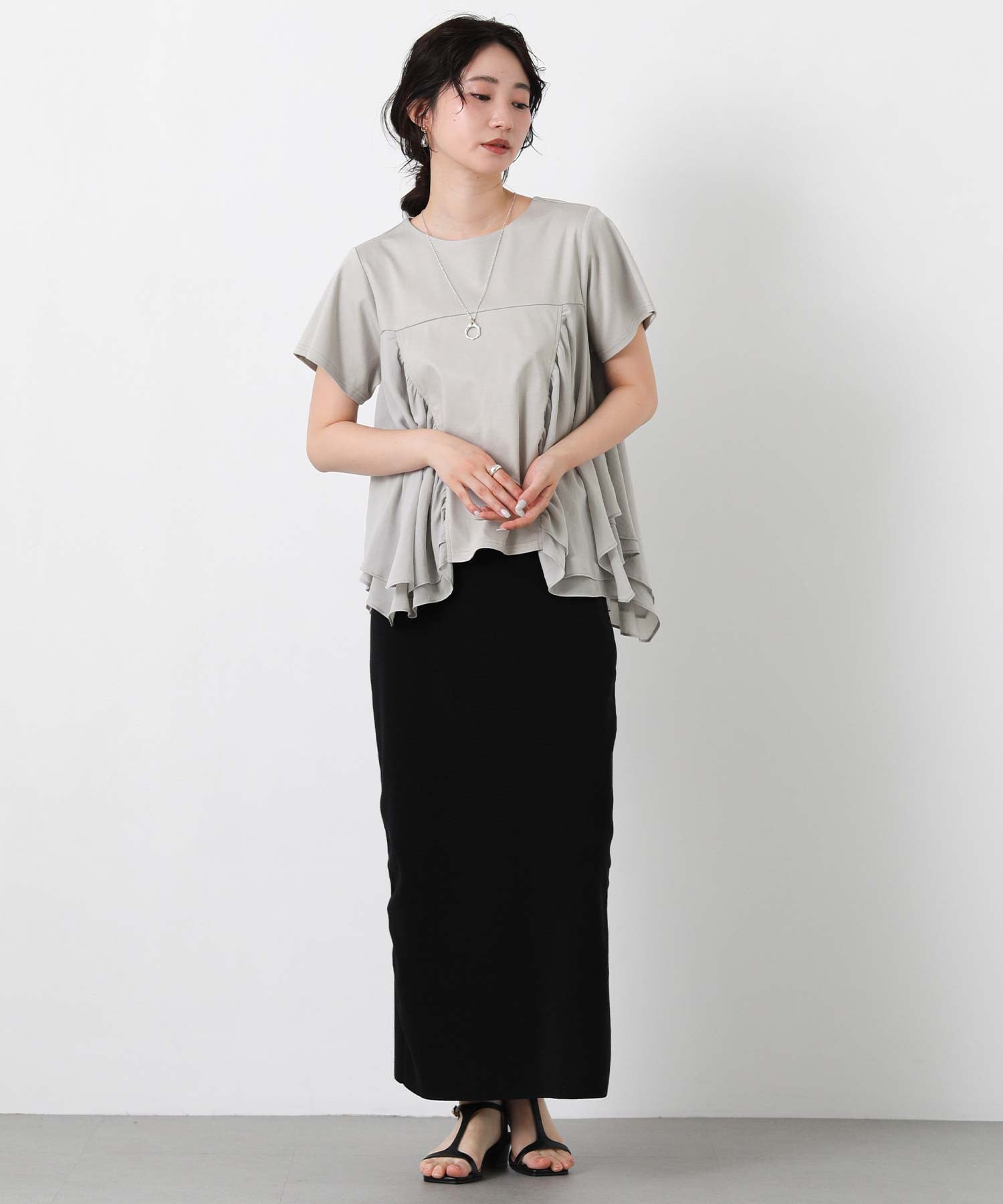 Gready Brilliant/(W)2_異素材wティアードクルー グレディブリリアン トップス カットソー・Tシャツ ホワイト グレー