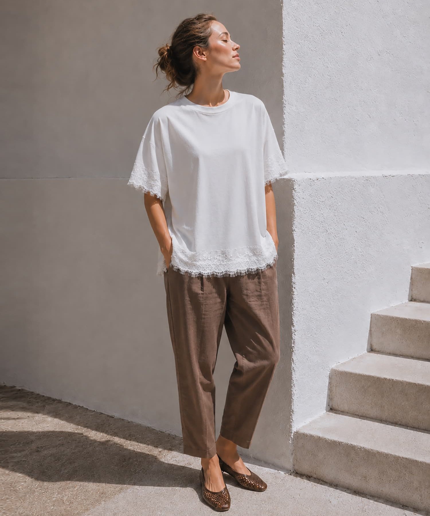 【華やか】 レースバランスT ブラウンアンドストリート トップス カットソー・Tシャツ ホワイト ブラック