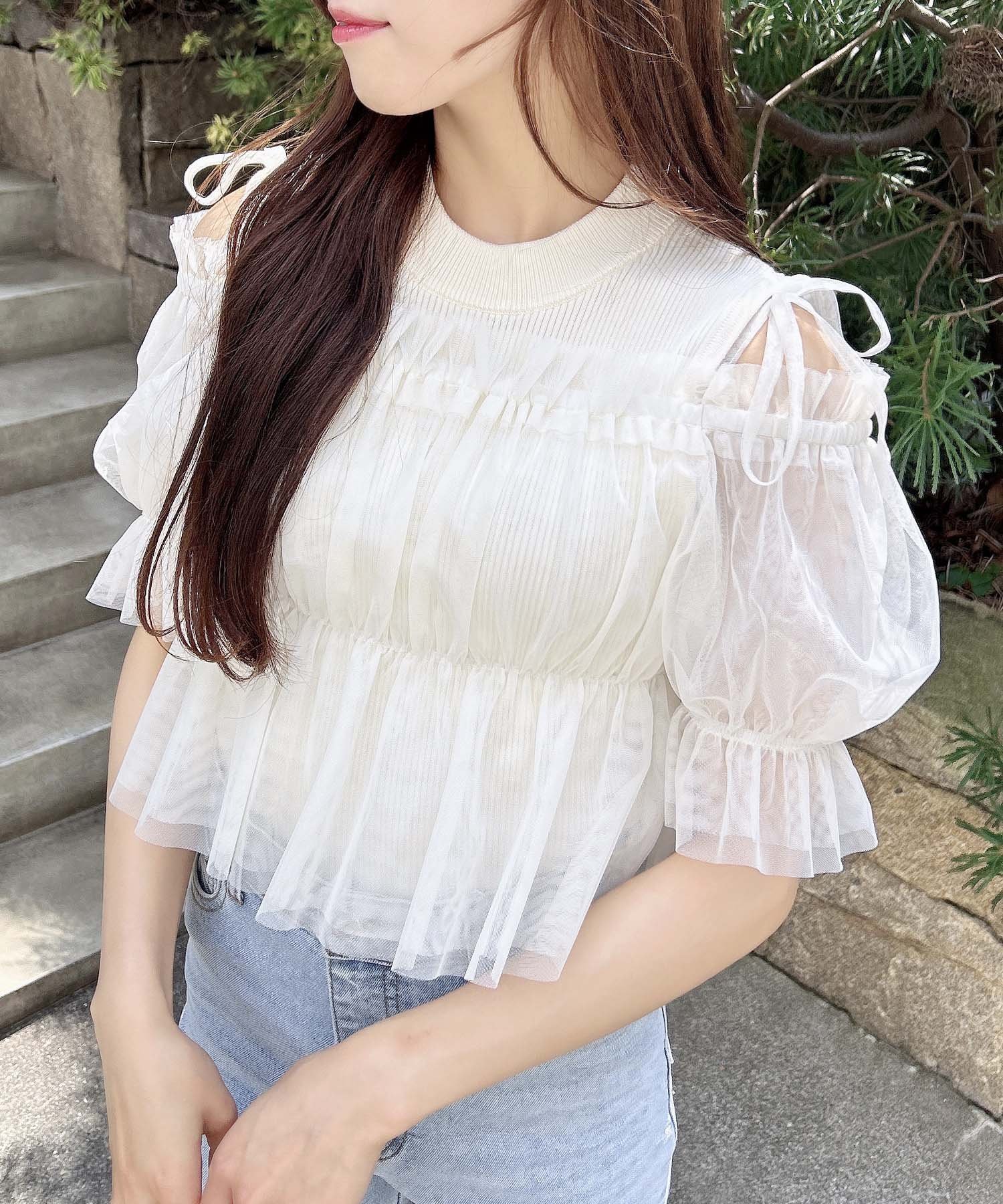 【SALE／30%OFF】INGNI ノースリニット＋オフショルチュールブラウス／セット イング ト