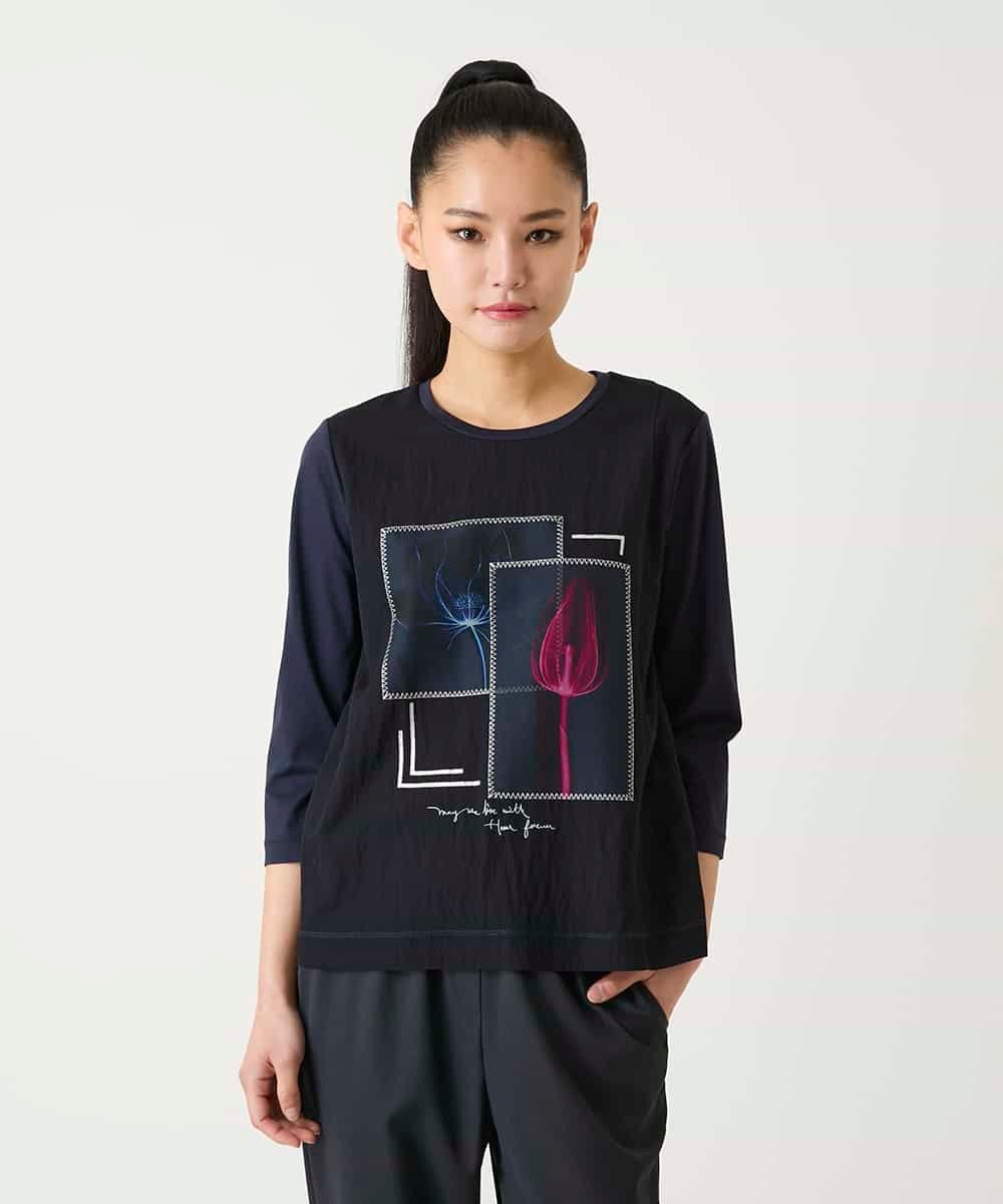 HIROKO BIS 異素材ジョイントコラージュデザインカットソー ヒロコ ビス トップス カットソー・Tシャツ ネイビー ホワイト イエロー