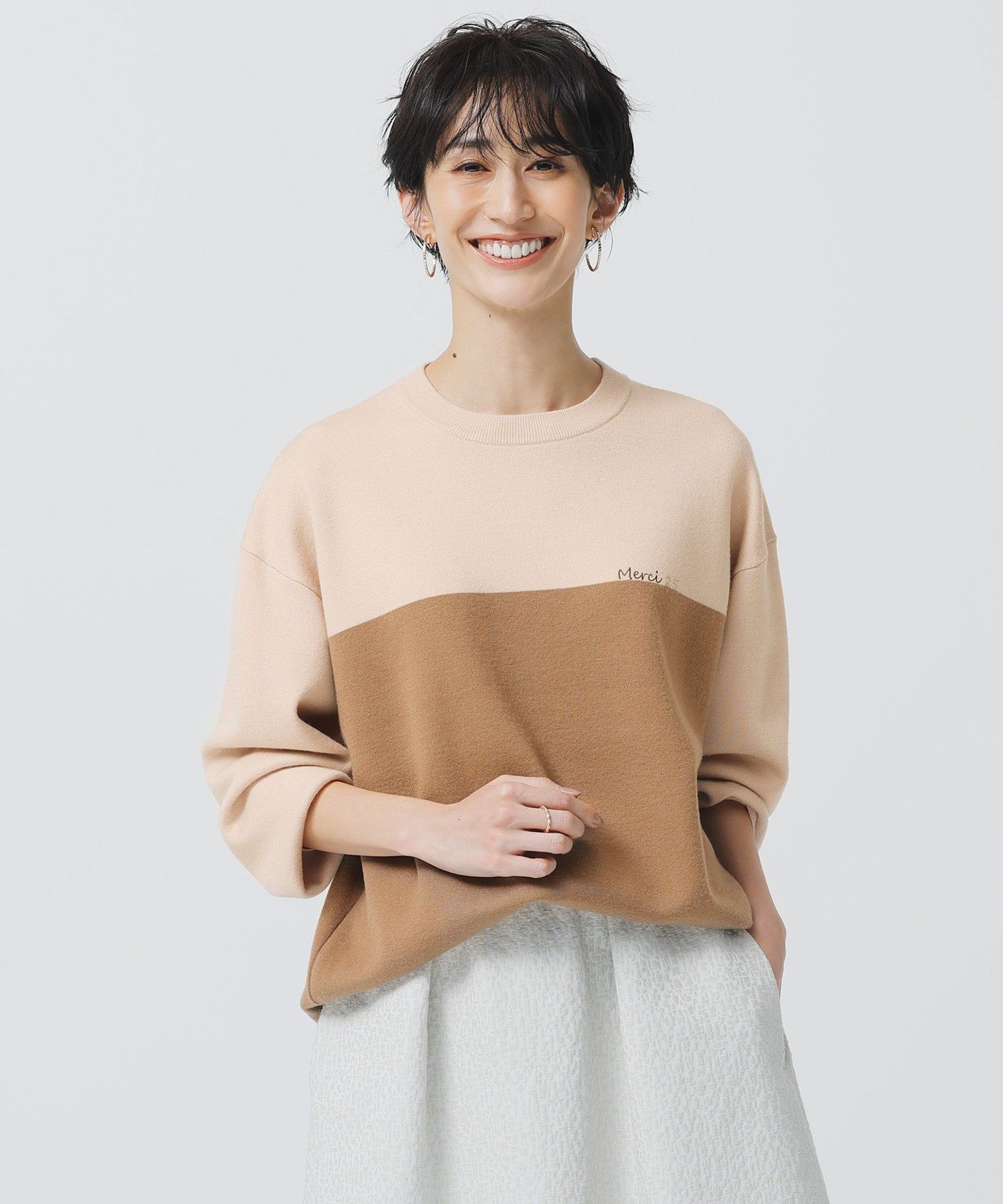 自由区 L 【カタログ掲載・セットアップ対応・洗える】スムージーブロッキング ニット ジユウク トップス ニット ピンク ベージュ