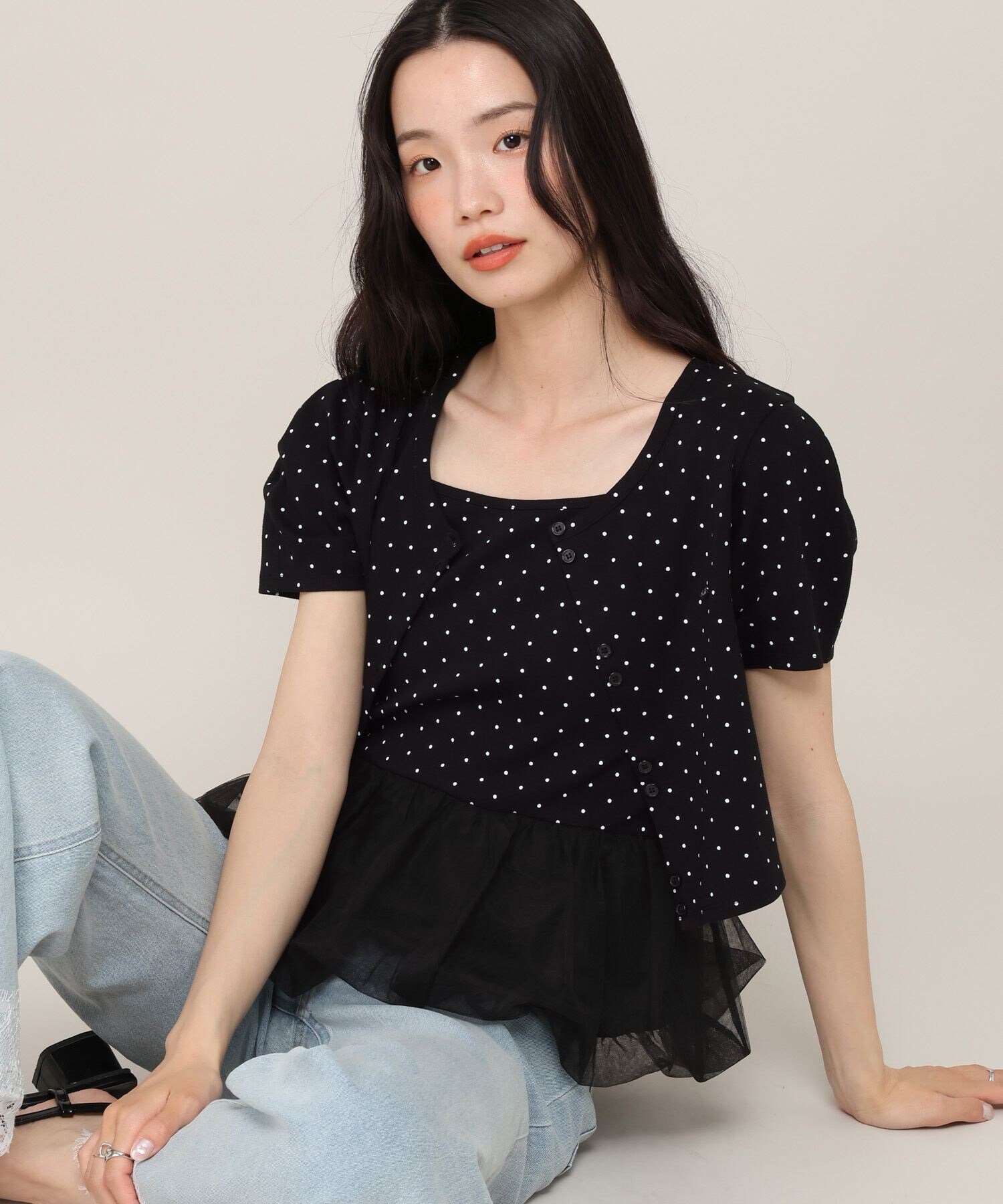 Heather バルーンヘムドットカーディガン2P ヘザー トップス カットソー・Tシャツ ホワイト ブラック