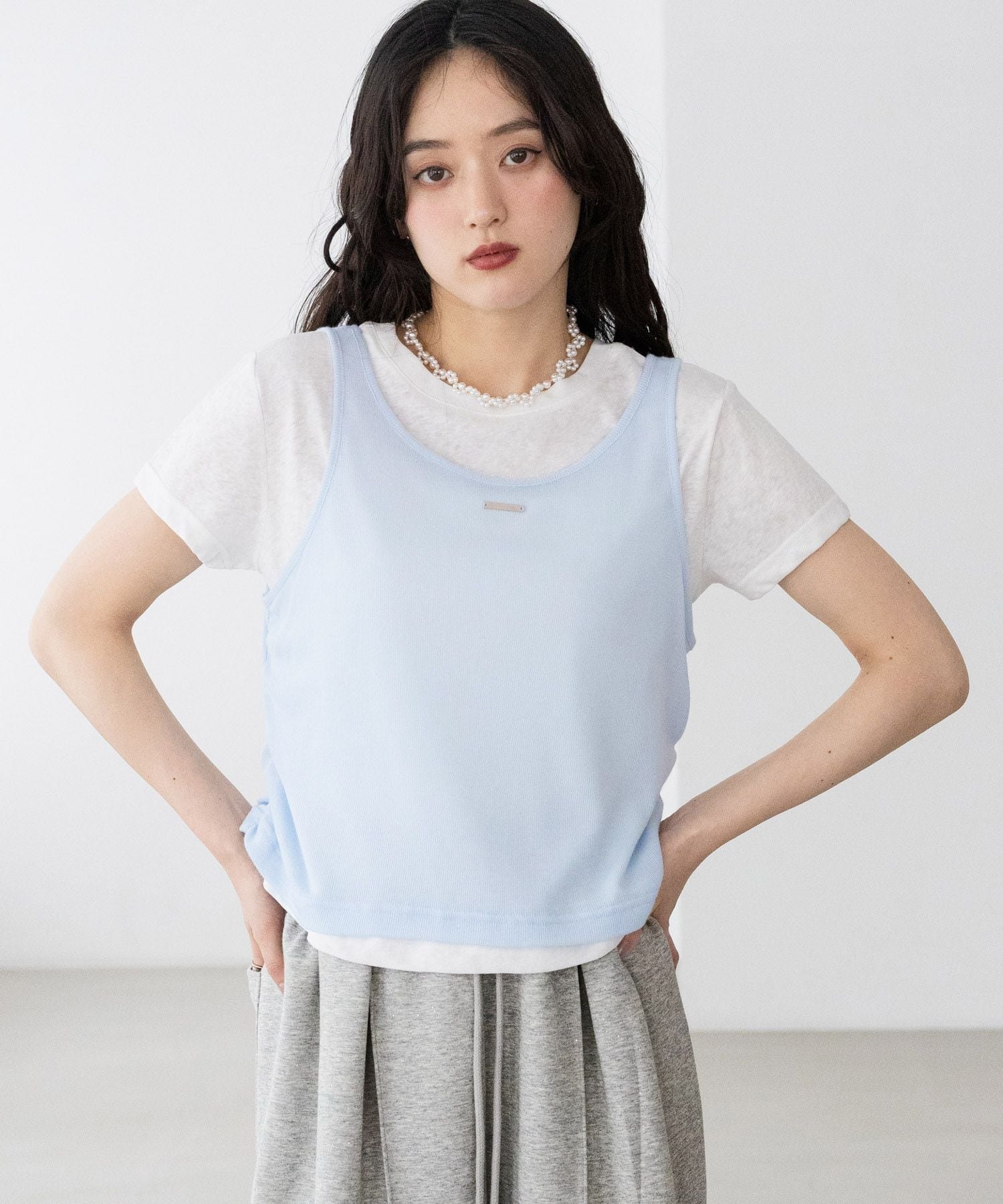 RAGEBLUE 【WOMENS】ギャザーシアータンクレイヤードTシャツ レイジブルー トップス カットソー・Tシャツ ネイビー グレー ホワイト