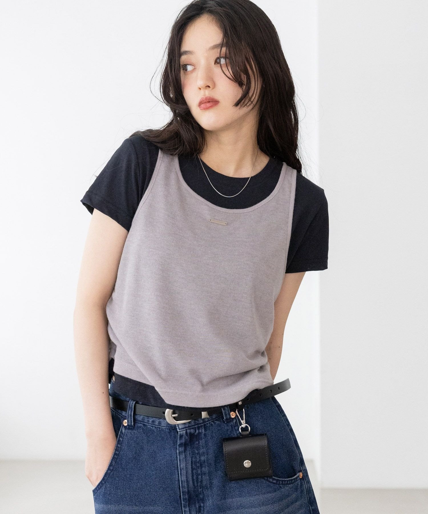 RAGEBLUE 【WOMENS】ギャザーシアータンクレイヤードTシャツ レイジブルー トップス カットソー・Tシャツ ネイビー グレー ホワイト