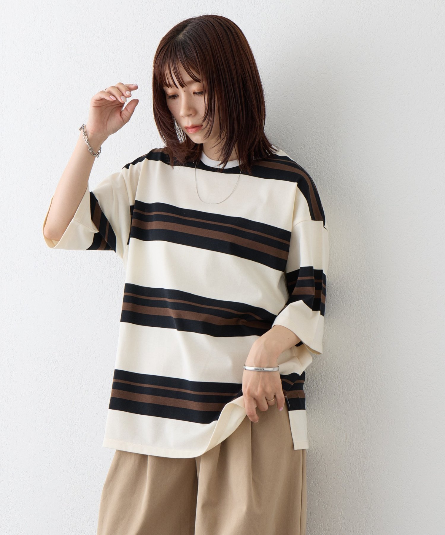 【WEB限定】マルチボーダービッグTシャツ ディスコート トップス カットソー・Tシャツ グレー ホワイト