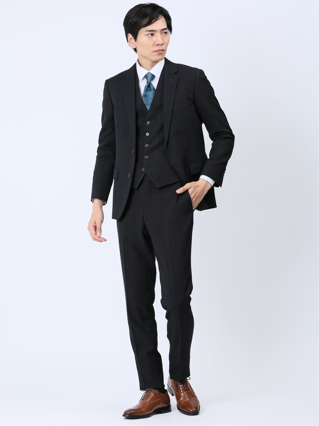 TAKA-Q Woolen Tec On スリムフィット 2ボタン3ピーススーツ チェック紺 セットアップ ジャケット ビジネス メンズ タカキュー スーツ フォーマル セットアップスーツ ネイビー【送料無料】