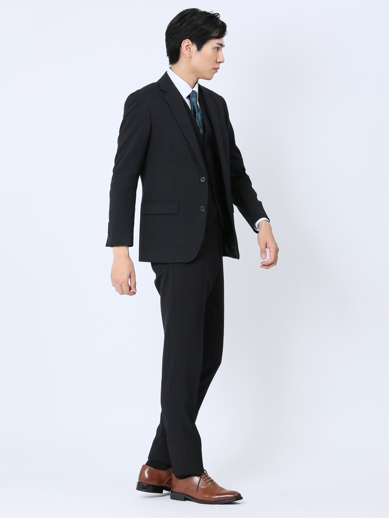 TAKA-Q Woolen Tec On スリムフィット 2ボタン3ピーススーツ チェック紺 セットアップ ジャケット ビジネス メンズ タカキュー スーツ・フォーマル セットアップスーツ ネイビー【送料無料】