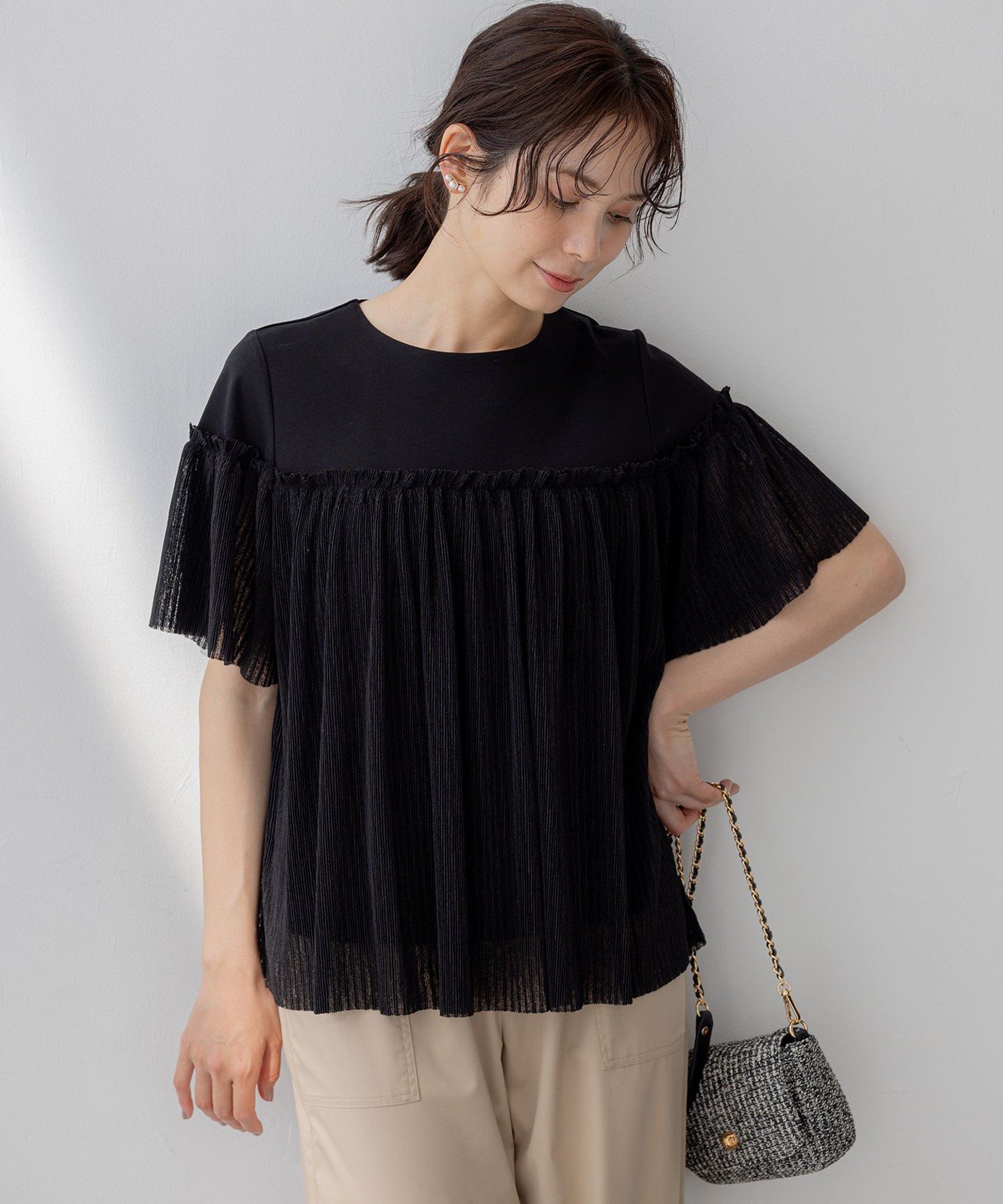 組曲 S プリーツコンビ5分袖 カットソー クミキョク トップス カットソー・Tシャツ ブルー ブラック ホワイト