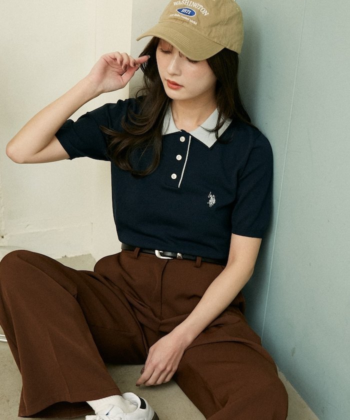 U.S. POLO ASSN. ＜接触冷感＞別注 2枚襟 ニット ポロシャツ 限定展開 フリークスストア トップス ニット グレー ネイビー